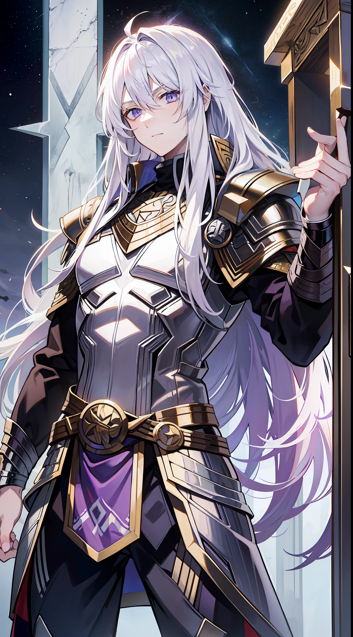 Tall guy, long white hair, purple eyes, Thor uniform, Mjolnir hammer, Scandinavian runes, masterpiece, high quality