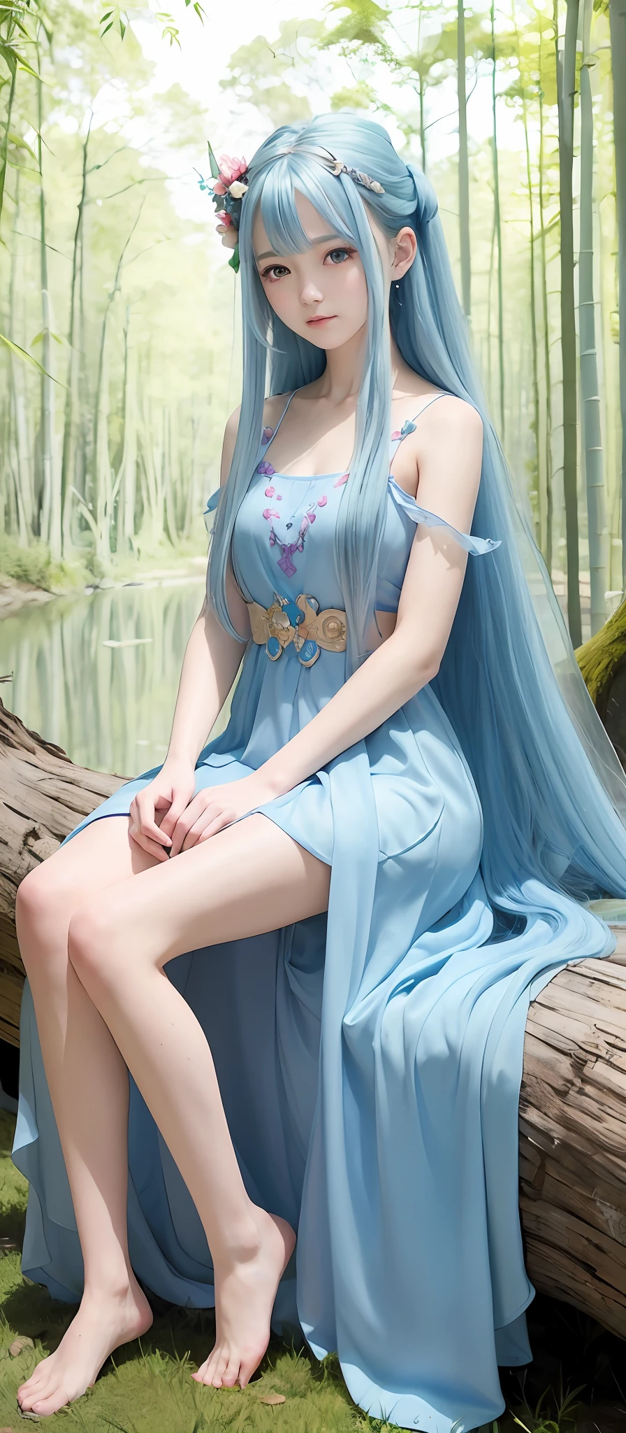 Masterpiece, best quality, official art, 8k wallpaper, very detailed, illustration, 1 fairy, sky blue hair, long hair, detailed eyes, Forrest, bare shoulders, hanfu, lake, pure, soft smile, bamboo,