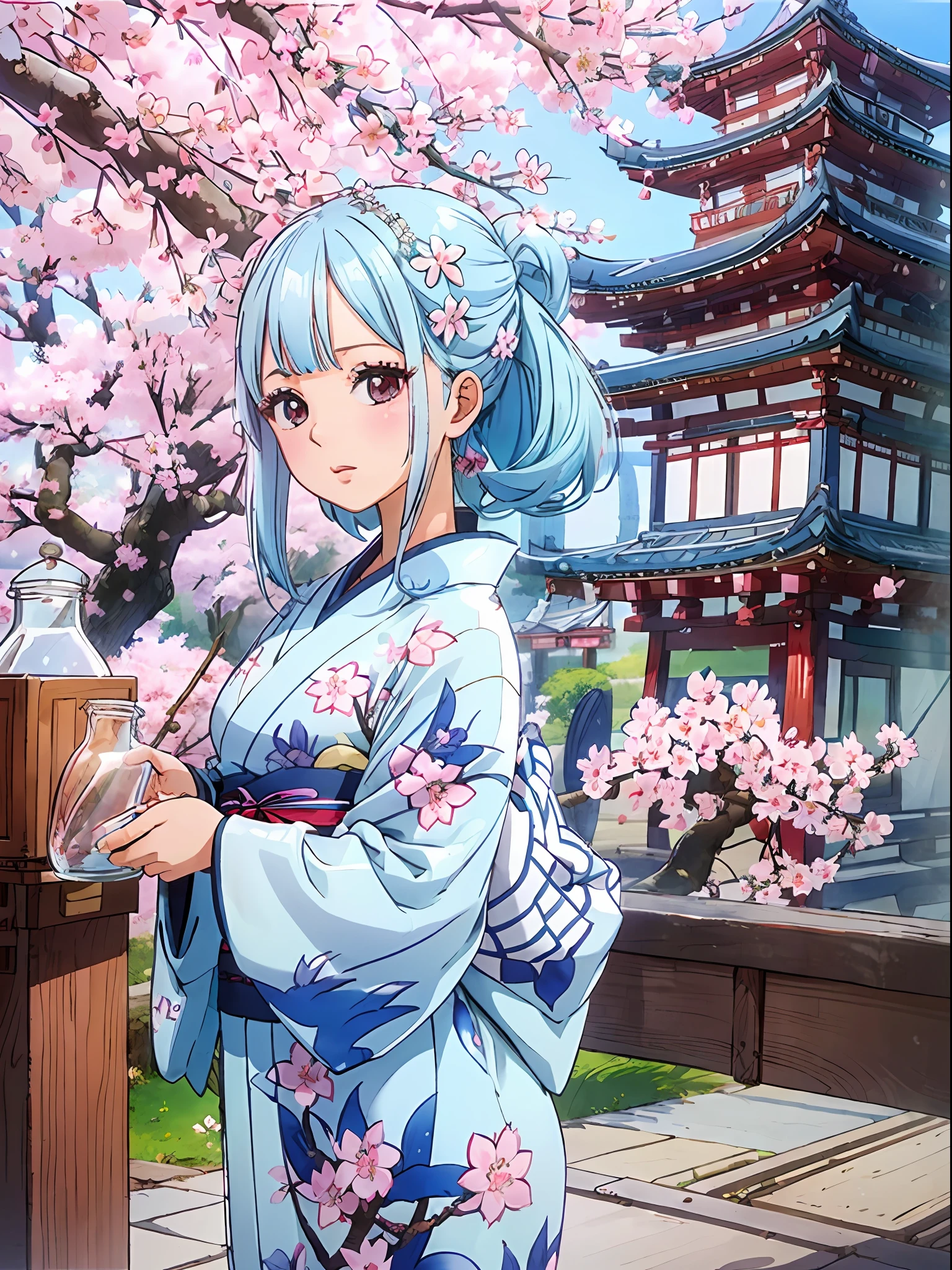 (Wearing a kimono), wide shot, (Japanese castle), (cherry blossom trees), leaning against a tree.1girl, wanostyle (hlfcol haired girl with blue and white hair) (world in a bottle), (1girl in glass jar:1.1)