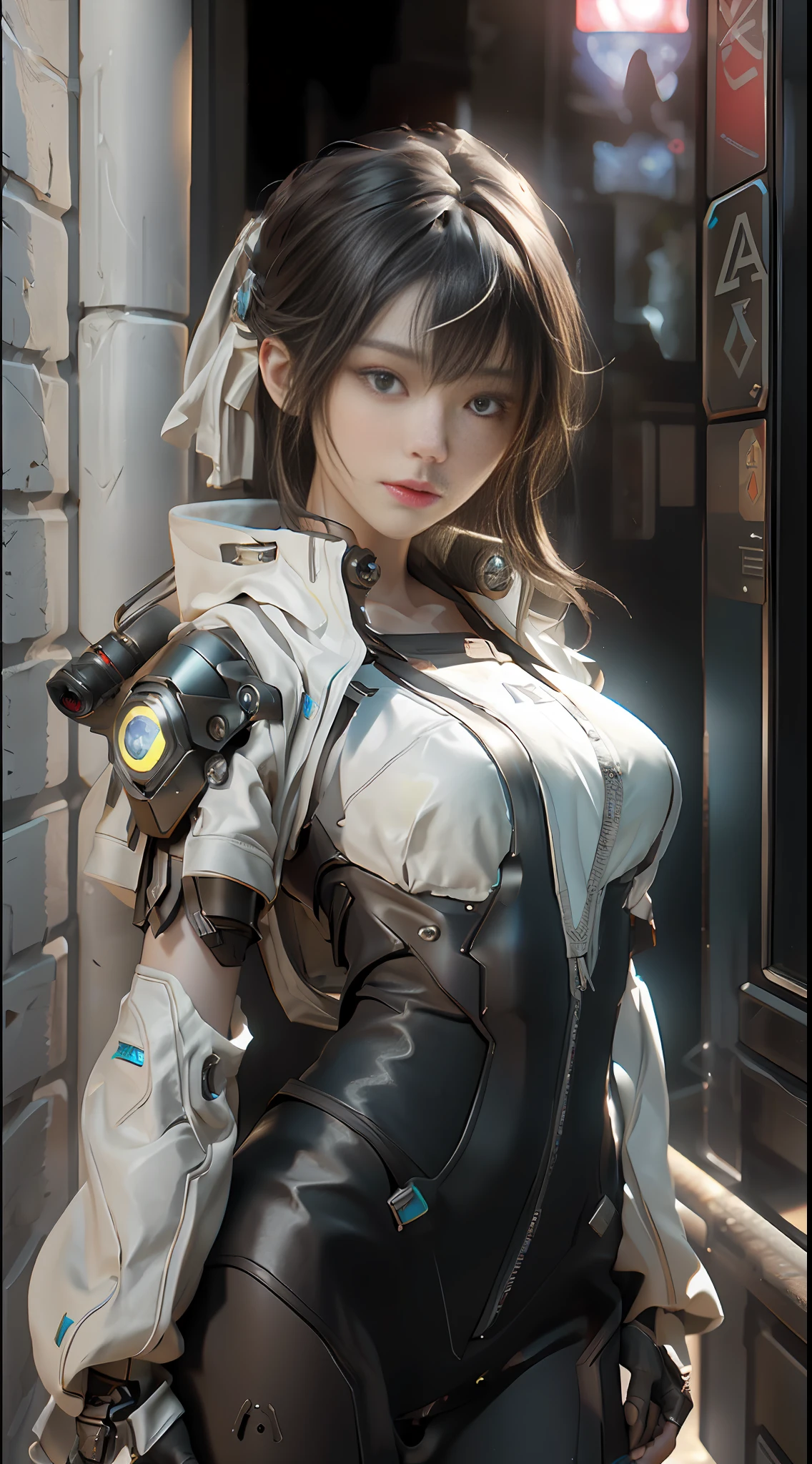 ((Best quality)), ((masterpiece)), (detailed:1.4), 3D, an image of a beautiful cyberpunk female,HDR (High Dynamic Range),Ray Tracing,NVIDIA RTX,Super-Resolution,Unreal 5,Subsurface scattering,PBR Texturing,Post-processing,Anisotropic Filtering,Depth-of-field,Maximum clarity and sharpness,Multi-layered textures,Albedo and Specular maps,Surface shading,Accurate simulation of light-material interaction,Perfect proportions,Octane Render,Two-tone lighting,Wide aperture,Low ISO,White balance,Rule of thirds,8K RAW,