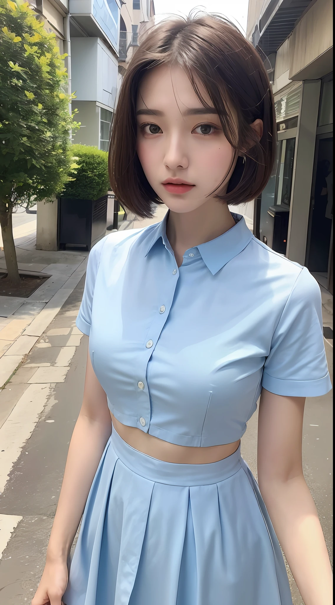 ((Best Quality, 8K, Masterpiece: 1.3)), 1girl, Slim Abs Beauty: 1.3, (Short hairstyle, ), Shirt dress: 1.1, Super fine face, Detailed eyes, Double eyelids, Street view,
