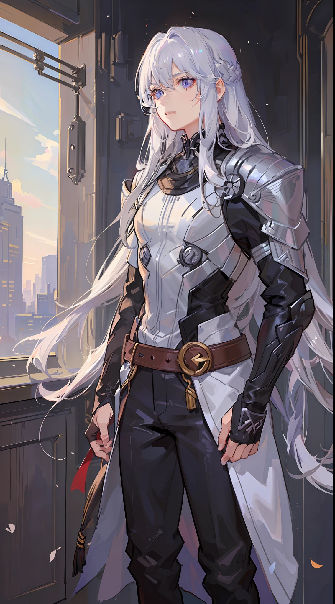 Tall guy, long white hair, purple eyes, Thor uniform, Mjolner, masterpiece, high quality