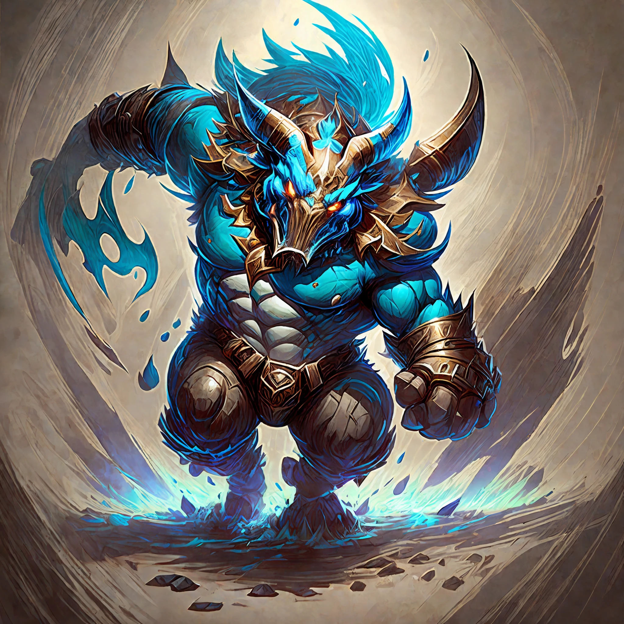 Fanciful creature, with a matelo in a dark room,league of legends style bull, action pose,perspective action concept art of League of Legends, concept art of Riot games, character art of League of Legends, art of League of Legends, splash art of League of Legends, splash art of League of Legends, League of Legends-style art, iconic character splash art, from League of Legends --auto --s2