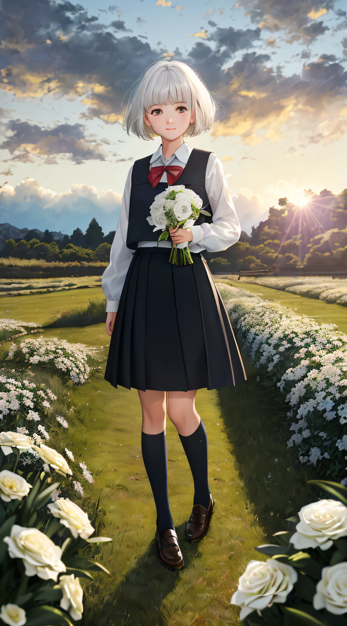 ((masterpiece,best quality,ultra detailed)),(painterly),(facing viewer),((dusk)),Depth of Field,pov,tussock,overgrown,cloud sky,(dark sky),((backlighting)),(wind),1girl,looking at viewer,full body,(holding bouquet),(school uniform),(white hair),(black eyes),(medium hair),(bowl cut),light smile,HDR,high contrast