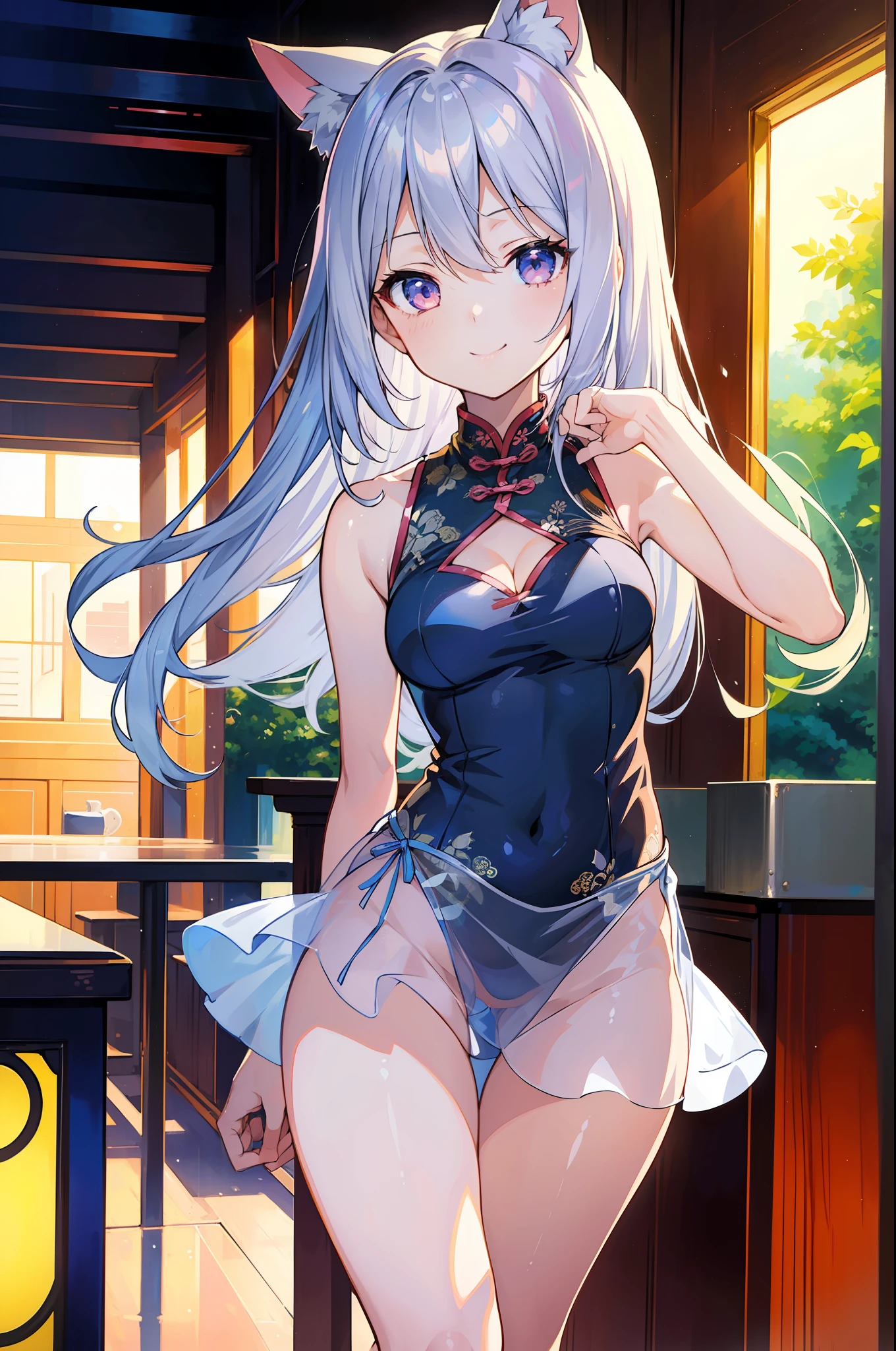 (Masterpiece), (Top Quality Anime Illustration), (Super Definition), One Girl, Solo, Beautiful Girl with Silver Hair, Anime Loli, Cat Ear Loli, Miniskirt Cheongsam, See-through, Sleeveless, Smile, Cleavage Emphasis, Side Breasts with Bare Skin Visible, Open Stance, Thighs, Butt Protruding, Ass Focus