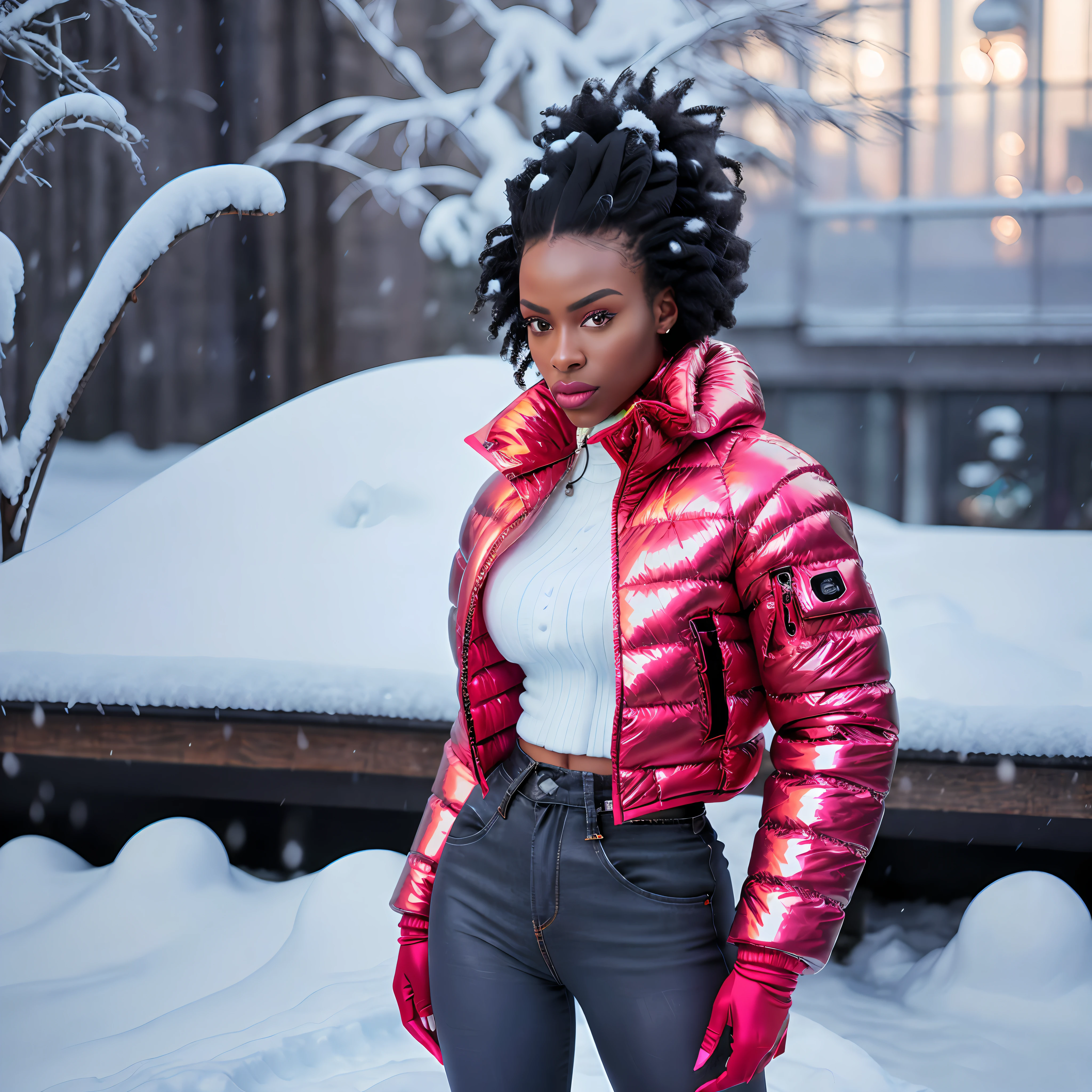Creates a hyper realis image of a (((full body woman))) with perfect African facial features, black hair stylish afro combed details in high definition, with nice expression, wearing (((Balenciaga puffer oversized style jacket:1.5 ultra definition red))) (((vivid color red jacket, neon, metallic, reflective))), (playing gracefully with snow) in front of the camera with excellent lighting, Hyper realistic natural landscape realistic colors of snow environment, best quality, top quality, masterpiece, imaging, high resolution photography camera lens 100mm