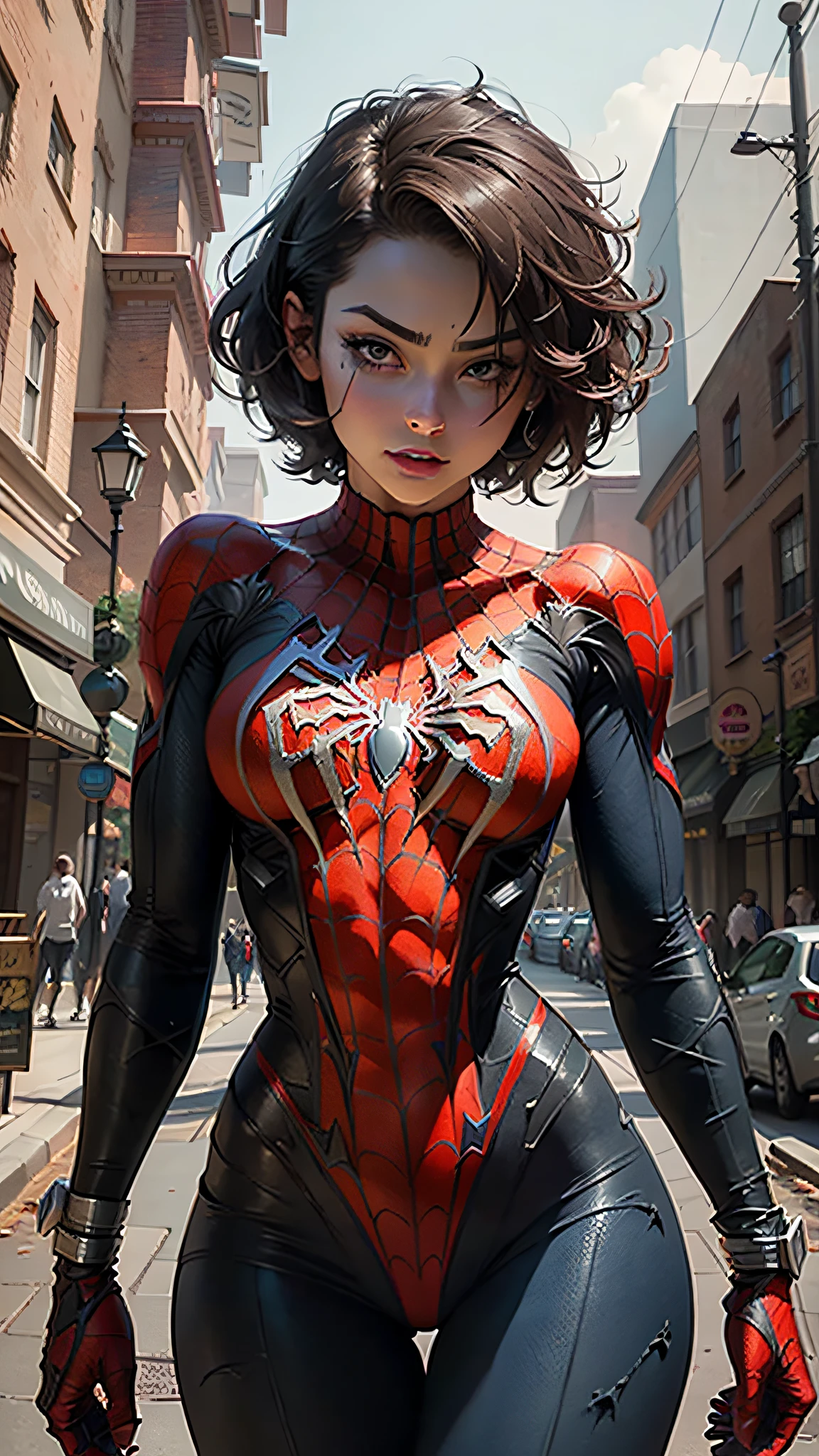 Beautiful woman with detailed defined body using Spider-Man role-play, short hair
