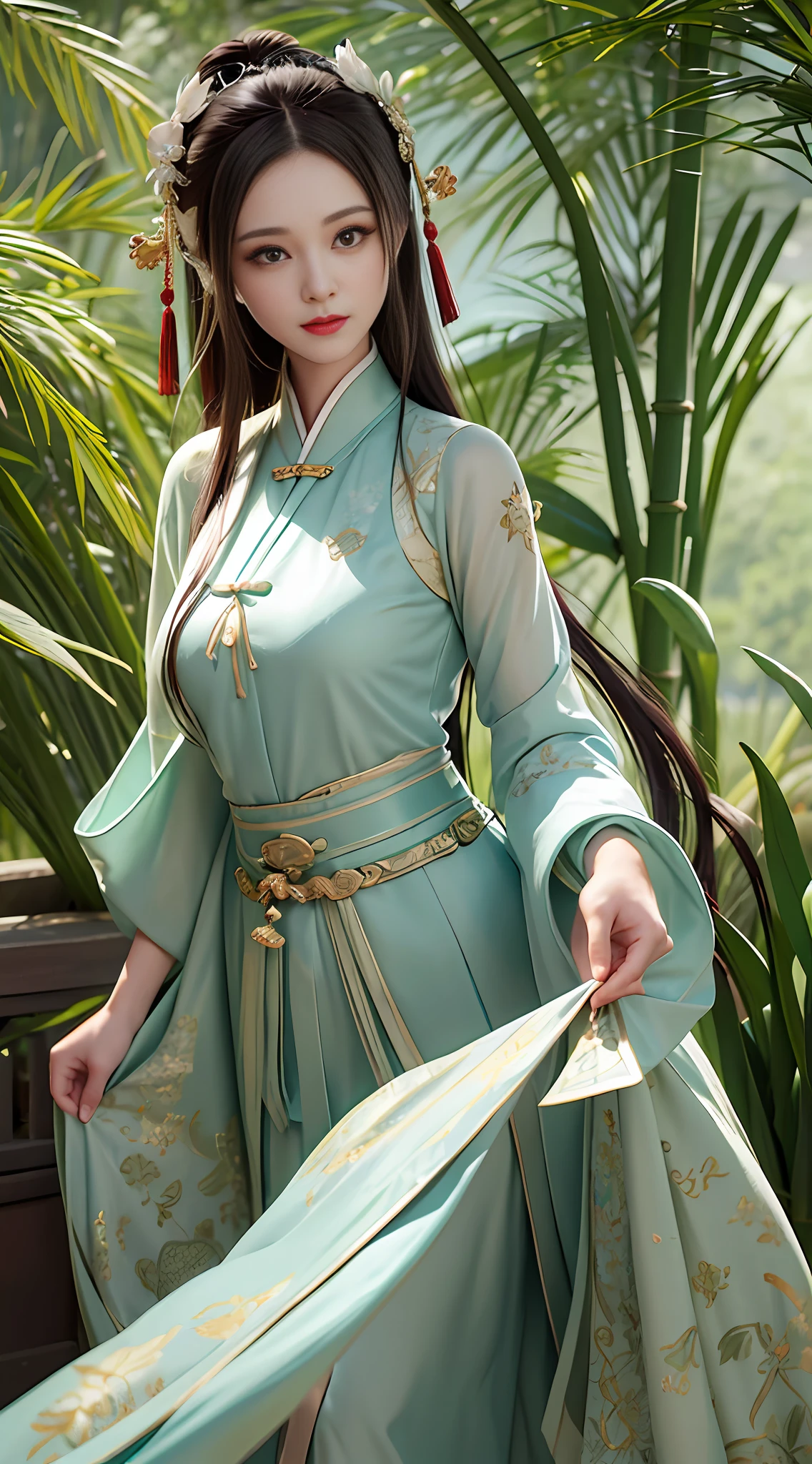 Best quality, masterpiece, illustration, a very disciple and beautiful, very detailed, CG, unity, 8k wallpaper, amazing, fine detail, mastery, best quality, official art, very detailed CG Unity 8k wallpaper, ridiculous, incredibly ridiculous, huge file size, super detailed, high resolution, rawe very detailed, pretty detailed girl, very detailed eyes and face, beautiful detailed eyes, light on face, 1 girl, Chinese Tang dynasty clothes, Right hand with a string of rice dumplings, green bamboo fallen leaves in the background, blurred bamboo leaves, dynamic blurred bamboo leaves, half body, revealing an arm