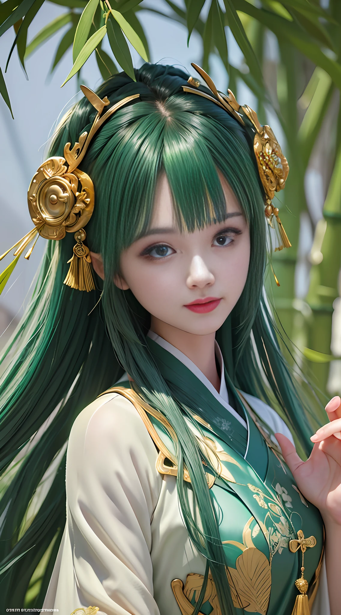 Best quality, masterpiece, illustration, a very disciple and beautiful, very detailed, CG, unity, 8k wallpaper, amazing, fine detail, mastery, best quality, official art, very detailed CG Unity 8k wallpaper, ridiculous, incredibly ridiculous, huge file size, super detailed, high resolution, rawe very detailed, pretty detailed girl, very detailed eyes and face, beautiful detailed eyes, light on face, 1 girl, Chinese Tang dynasty clothes, Right hand with a string of rice dumplings, green bamboo fallen leaves in the background, blurred bamboo leaves, dynamic blurred bamboo leaves, half body, revealing an arm