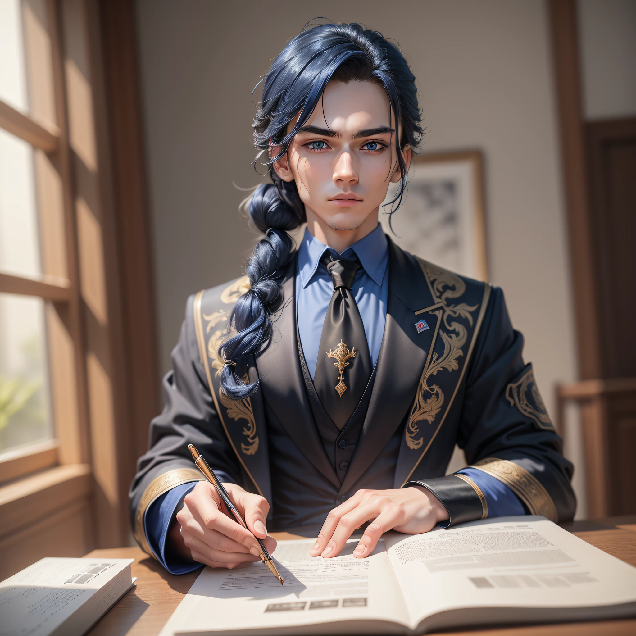 boy, 20 years old, blue eyes, judgemental look, altive posture, long hair, hair in a ponytail, intense blue hair, blue eyebrow, wearing black and white tailoring, black suit and tie, formal, mage robe, red robe with gold), mage, studying, college student, at a university, (Best Quality), (Highly Detailed), (8k, 4k, Intricate), (Full Body Shot: 1), (85 mm), light particles, lighting, (highly detailed: 1.2), (face detailed: 1.2), (gradients), sfw, color, (eyes detailed: 1.2) (background detailed), landscape detailed, (dynamic angle: 1.2 ), (dynamic mode: 1.2), (third configuration rule: 1.3), (work path: 1.2), (Dramatic), (Romantic), (Vivid), (whole body), (concept art), (highly detailed artwork),