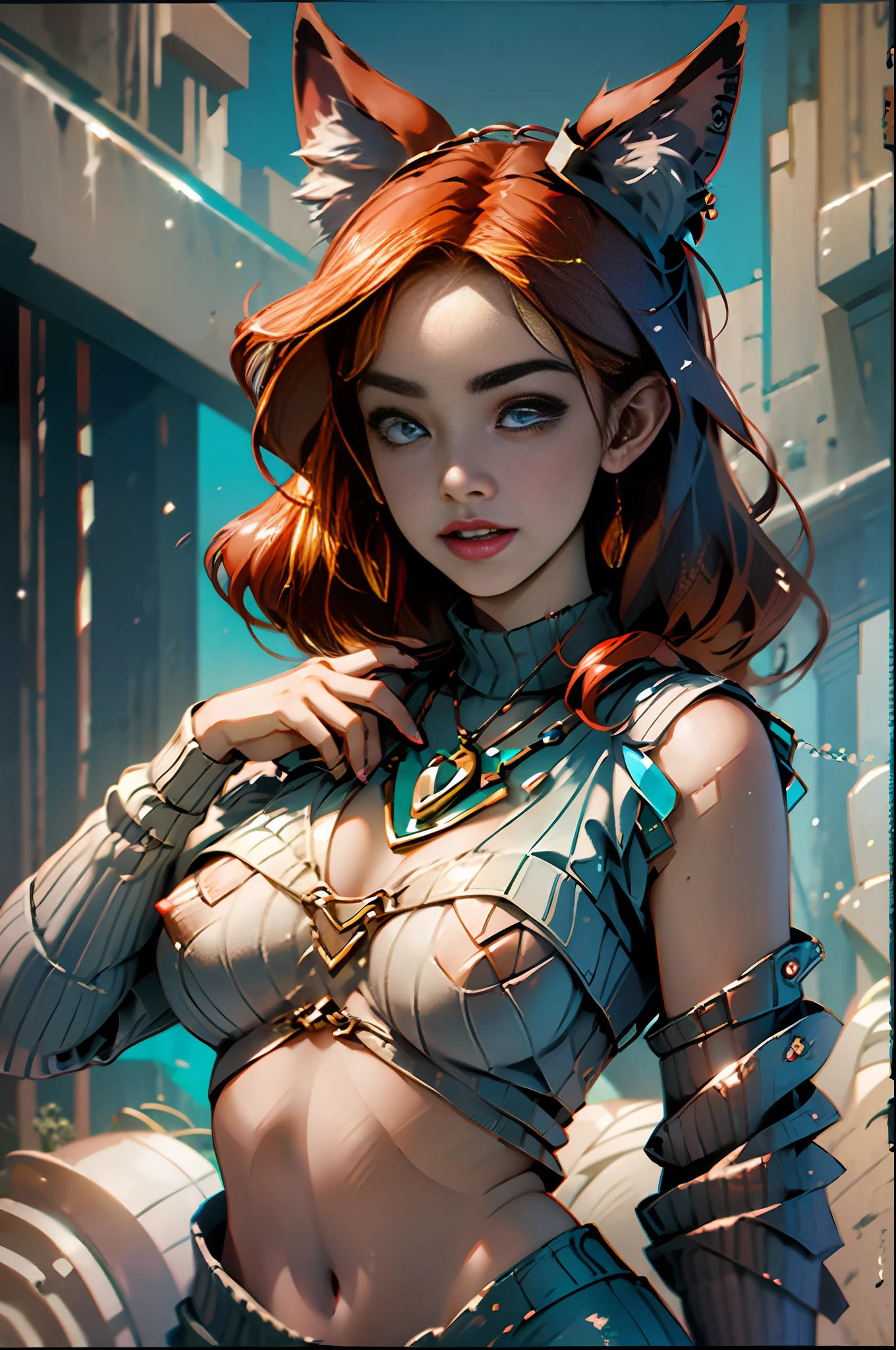 ((a fox girl)), (nsfw:1.2), open, (red hair:1.2), fox ears, exposed shoulder, exposed cool chest, open clothes, hand-made clothes, torn, exposed chest tip, (highly detailed CG Unity 8k wallpaper), (work- prime), (Best Quality), (Super Detailed), (Best Illustration), (Best Shadow), (Realistic), (PureErosFace_V1:0.5), Lens Flare , (Depth of Field), (Natural Light), Ultra High Resolution , (eye detail), charming smile, (brunette), (((transparent sweater))), (bare chest), 21 years old, - --auto --s2