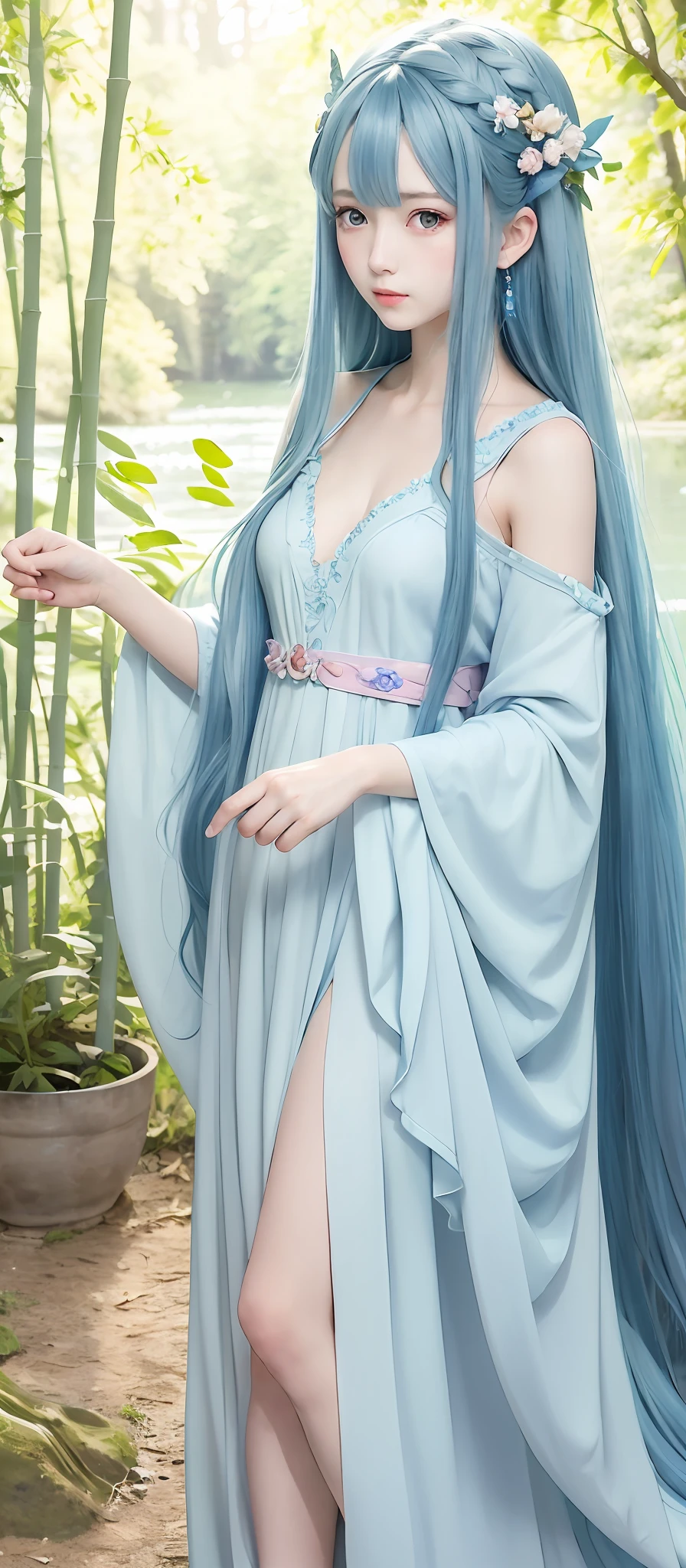 Masterpiece, best quality, official art, 8k wallpaper, very detailed, illustration, 1 fairy, sky blue hair, long hair, detailed eyes, pure and flawless, Forrest, bare shoulders, hanfu, lake, pure, soft smile, bamboo,