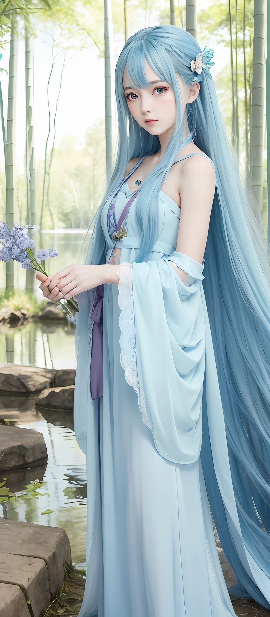 Masterpiece, best quality, official art, 8k wallpaper, very detailed, illustration, 1 fairy, sky blue hair, long hair, detailed eyes, pure and flawless, Forrest, bare shoulders, hanfu, lake, pure, soft smile, bamboo,