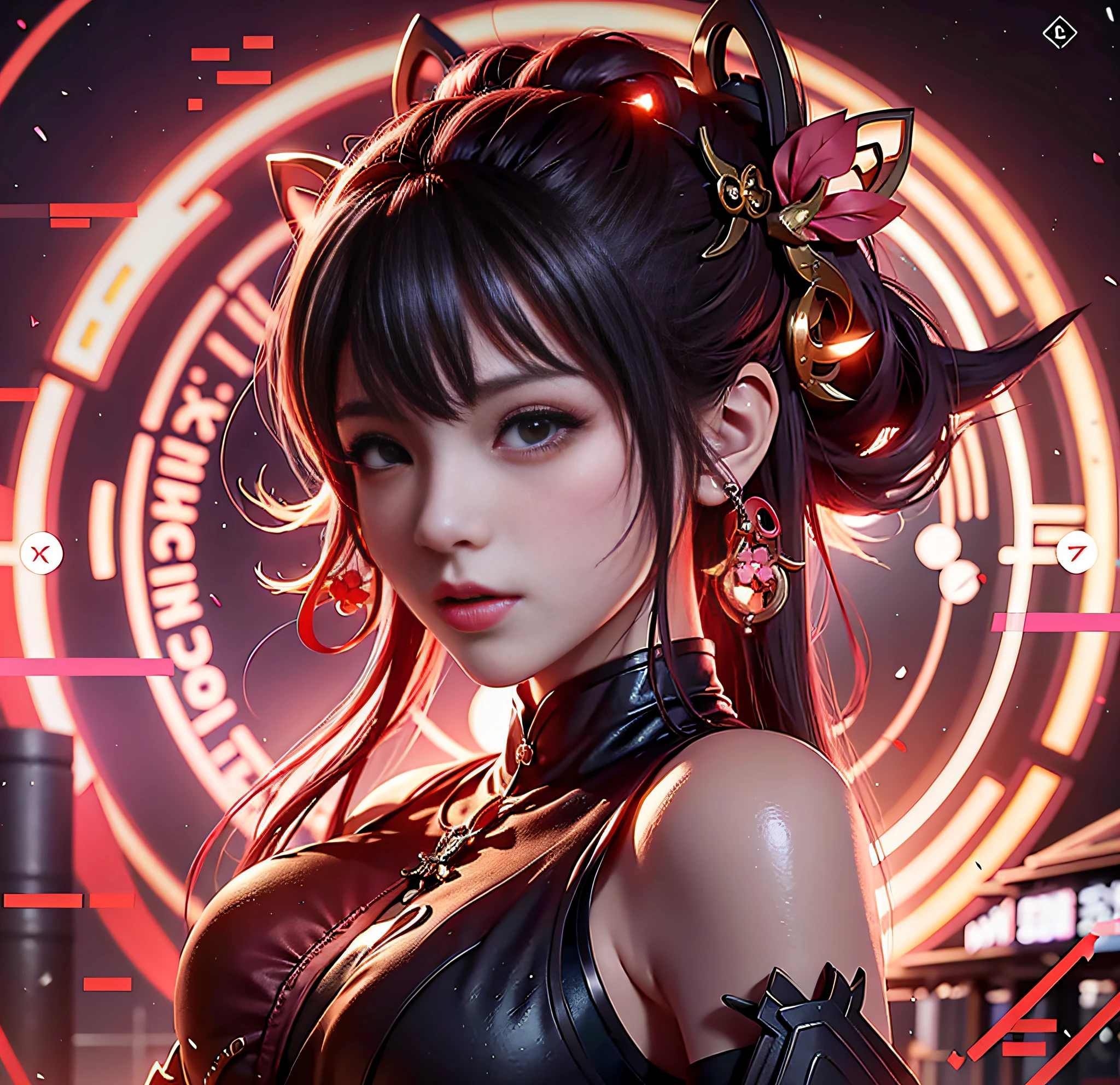 anime girl with red lights in her hair and a black dress, digital cyberpunk anime art, trending on cgstation, anime style. 8k, 🌺 cgsociety, anime style 4 k, digital cyberpunk - anime art, 8k artgerm bokeh, 8k high quality detailed art, cyberpunk anime girl, 4k highly detailed digital art, female cyberpunk anime girl