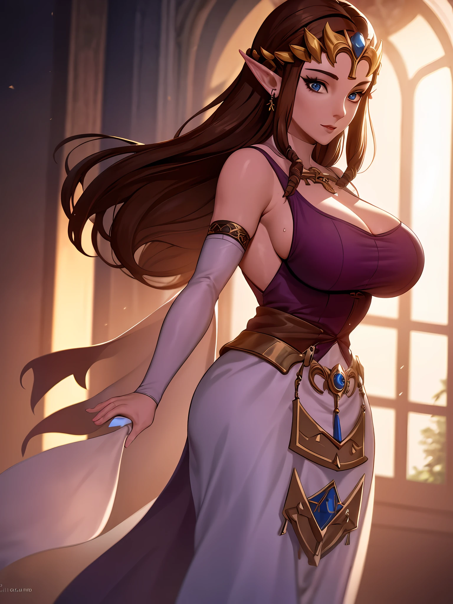 Zelda, 1girl, mature, mature female, big breasts, looking at viewer, cinematic, 8k, best quality, masterpiece, hard lighting, amazing eye detail, prefect eyes, blue eyes, brown hair, backless dress, supporting breasts