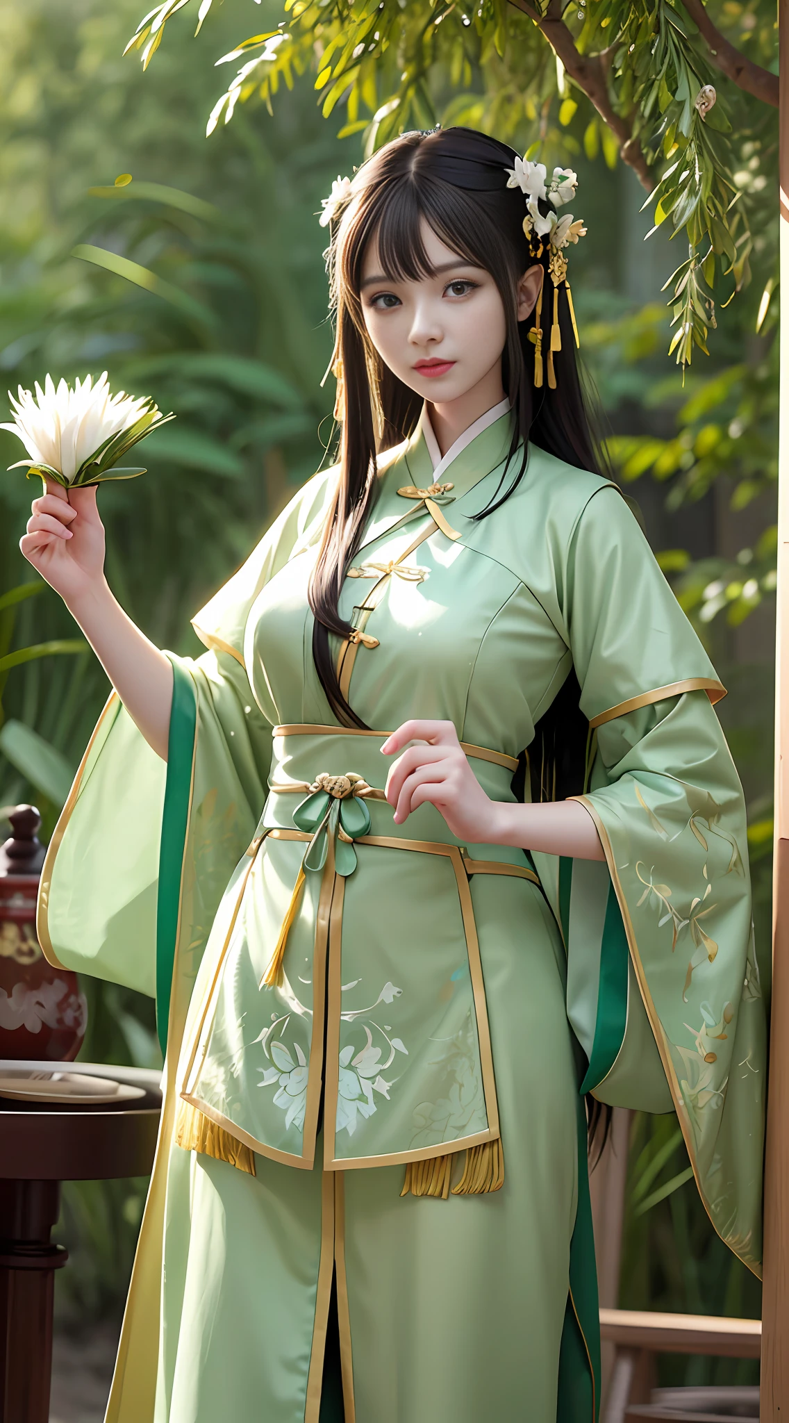 Best quality, masterpiece, illustration, a very disciple and beautiful, very detailed, CG, unity, 8k wallpaper, amazing, fine detail, mastery, best quality, official art, very detailed CG Unity 8k wallpaper, ridiculous, incredibly ridiculous, huge file size, super detailed, high resolution, rawe very detailed, pretty detailed girl, very detailed eyes and face, beautiful detailed eyes, light on face, 1 girl, Chinese Tang dynasty clothes, Right hand a string of zongzi, green bamboo fallen leaves in the background, blurred bamboo leaves, dynamic blurred bamboo leaves, stretched out left hand, palm facing up, in the palm of his hand is a dragon boat, half body, revealing an arm, complete fingers, perfect fingers, very fine portrayal, HD, CG, epic, nanoscale rendering, Unreal 4 renderer