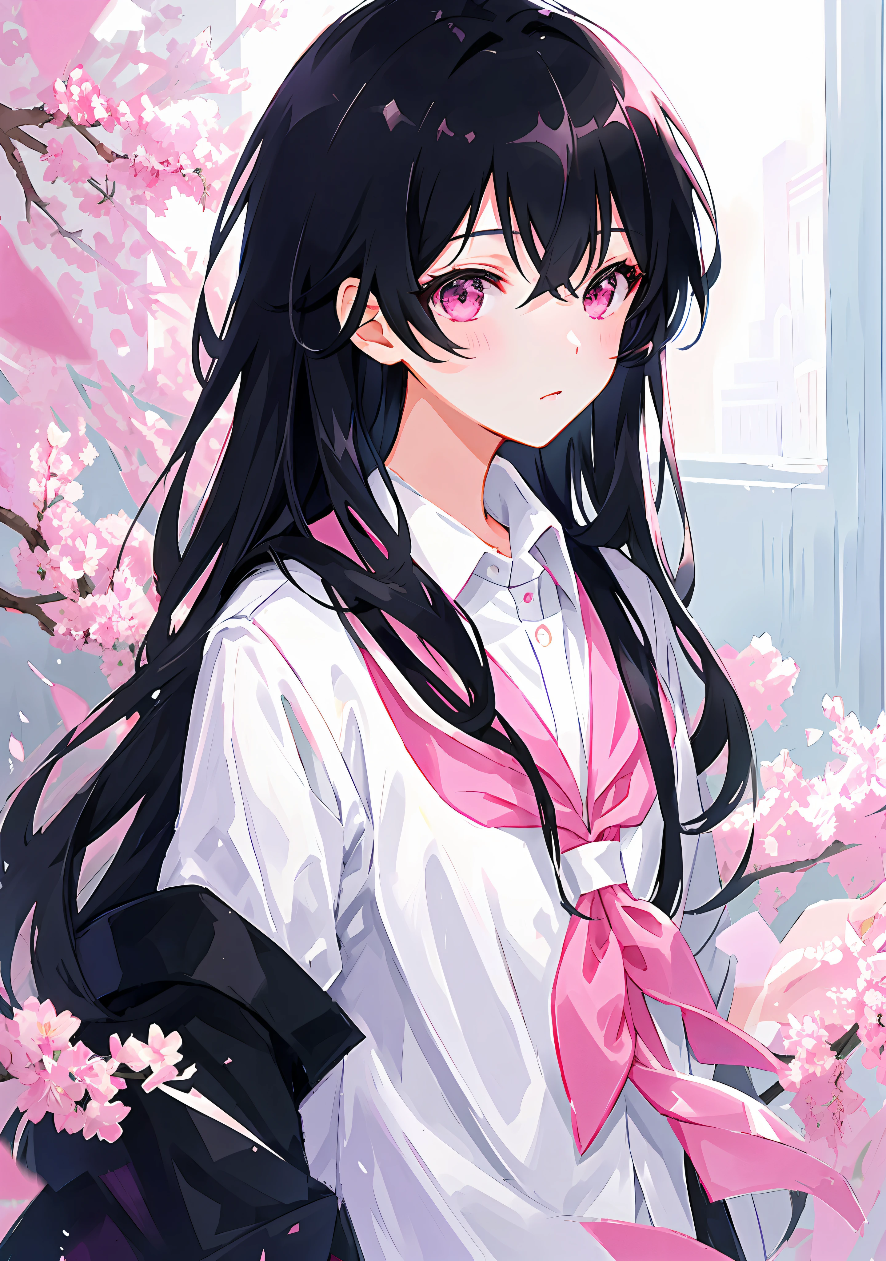 Makoto Fukai, masterpiece, exquisite, ultra-precise, illustration, portrait, one girl, black hair, pink eyes, long hair, school uniform,
