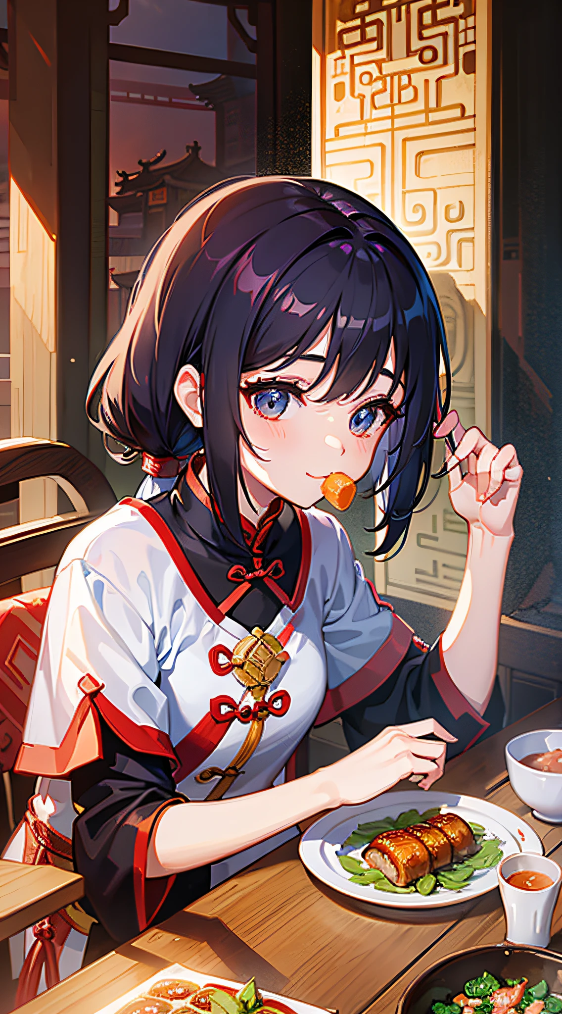 A girl eating food，At the table，Happy Dragon Boat Festival，Chinese Culture，a traditional Chinese festival，Sense of light and shadow，Game characters，high-definition，Eastern Asia，zhongguo --auto --s2