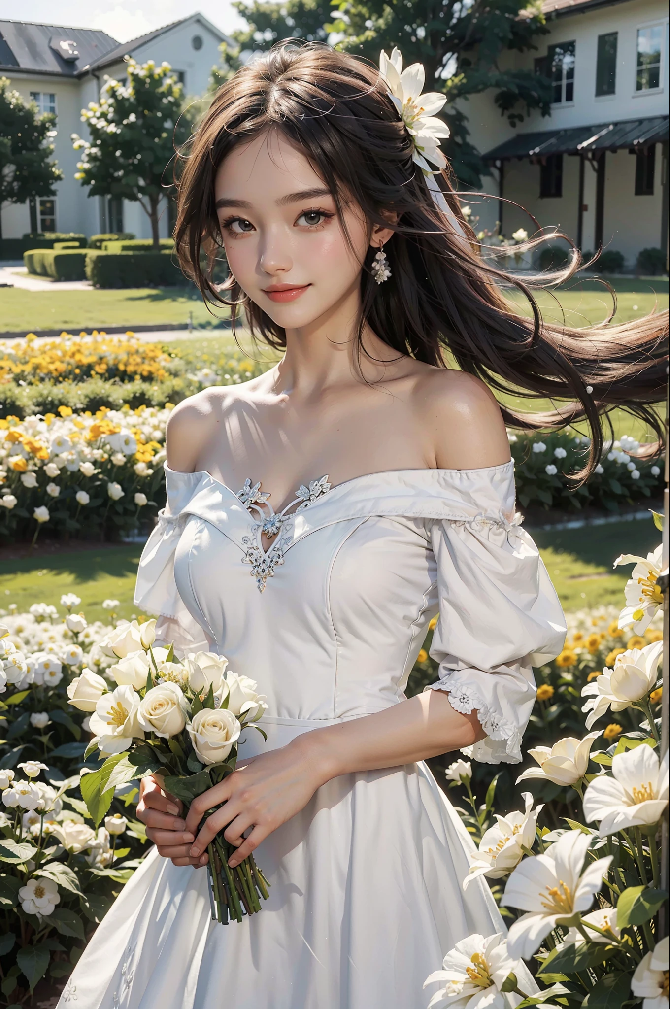 Best quality, masterpiece, super high resolution, 1girl, white dress, off-the-shoulder, blooming flower field, glowing skin, light smile