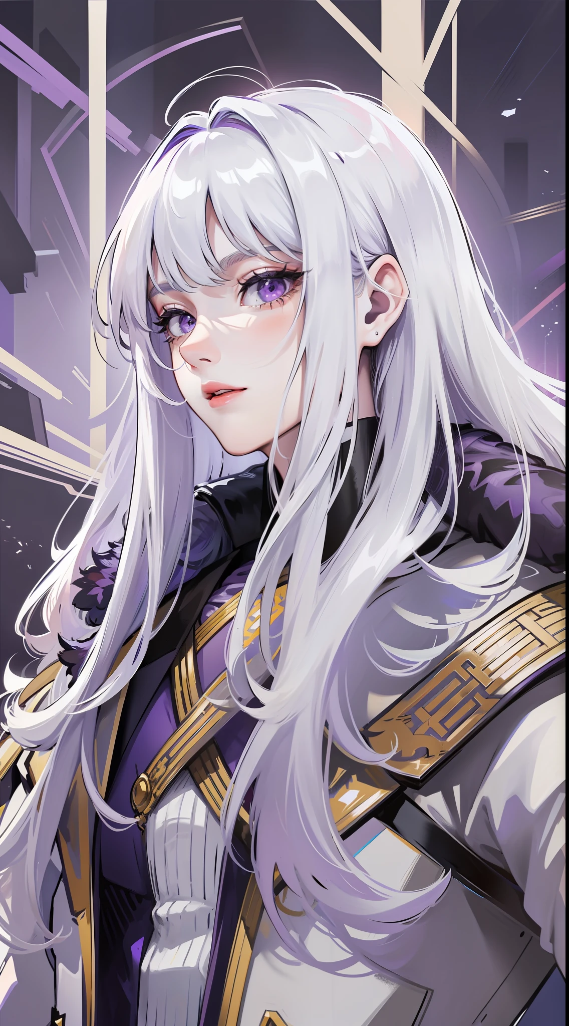 Tall guy, long white hair, purple eyes, Thor uniform, Mjolner, masterpiece, high quality