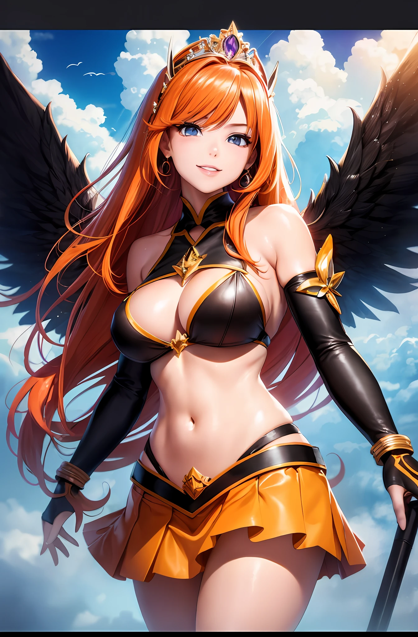 Top quality, ultra high resolution, (photorealistic: 1.4), Japan people, attractive faces. Model face. Thin. Smile, bikini, beautiful details, orange hair. Big tits. Miniskirt. Earring. Rake your hair. Colorful skirt. Detail. Vivid? Realistic details. Real. On the back large wings. Above the clouds. Cloud mass. Long hair. Tiara. Universe. Orange lightning.