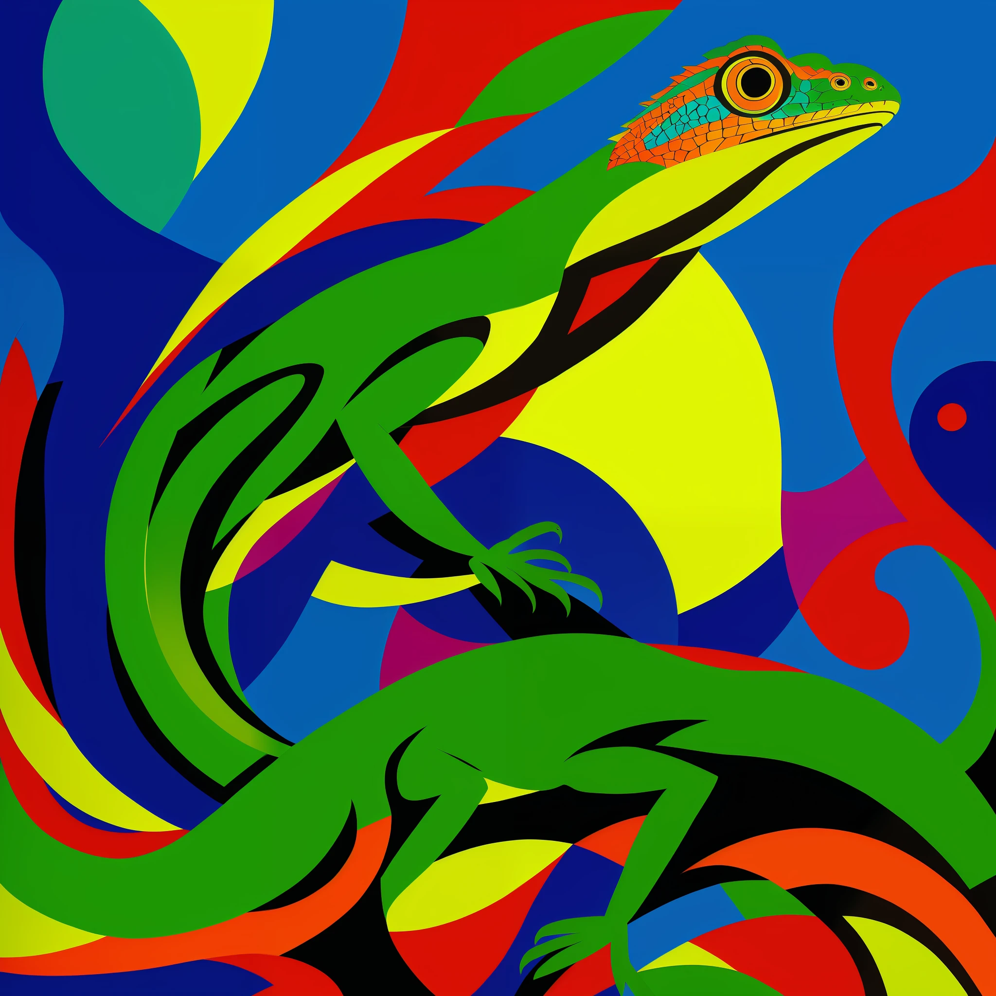 painting of a lizard sitting on a tree branch with a colorful background, inspired by Franz Marc, inspired by Georges Lacombe, inspired by Dahlov Ipcar, inspired by Paul Feeley, inspired by Max Ernst, psychedelic frog, inspired by Ernst Ludwig Kirchner, inspired by Yves Tanguay, by Paul Feeley, inspired by George Biddle --auto --s2