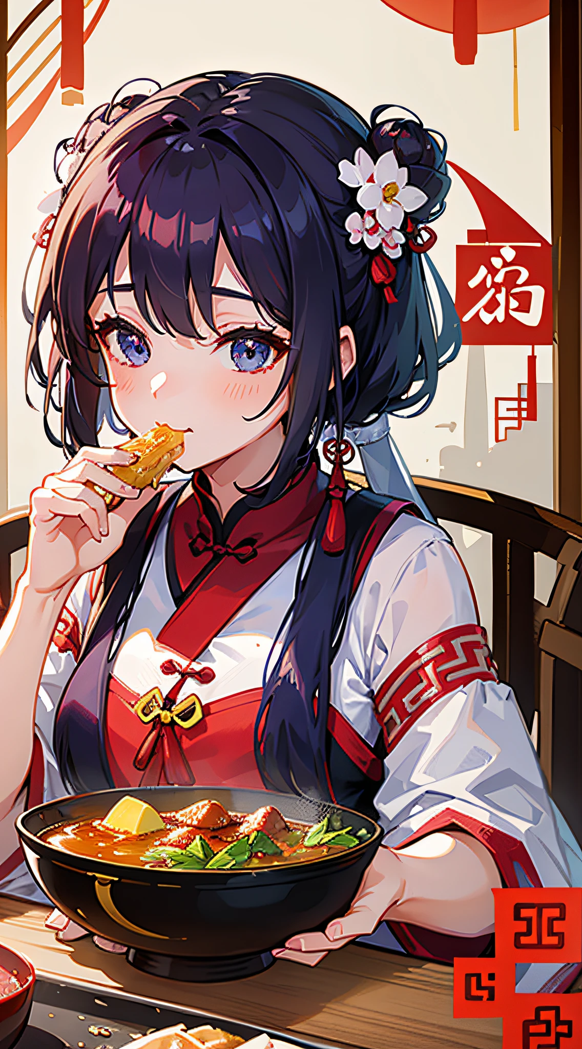 A girl eating food，At the table，Happy Dragon Boat Festival，Chinese Culture，a traditional Chinese festival，Sense of light and shadow，Game characters，high-definition，Eastern Asia，zhongguo --auto --s2