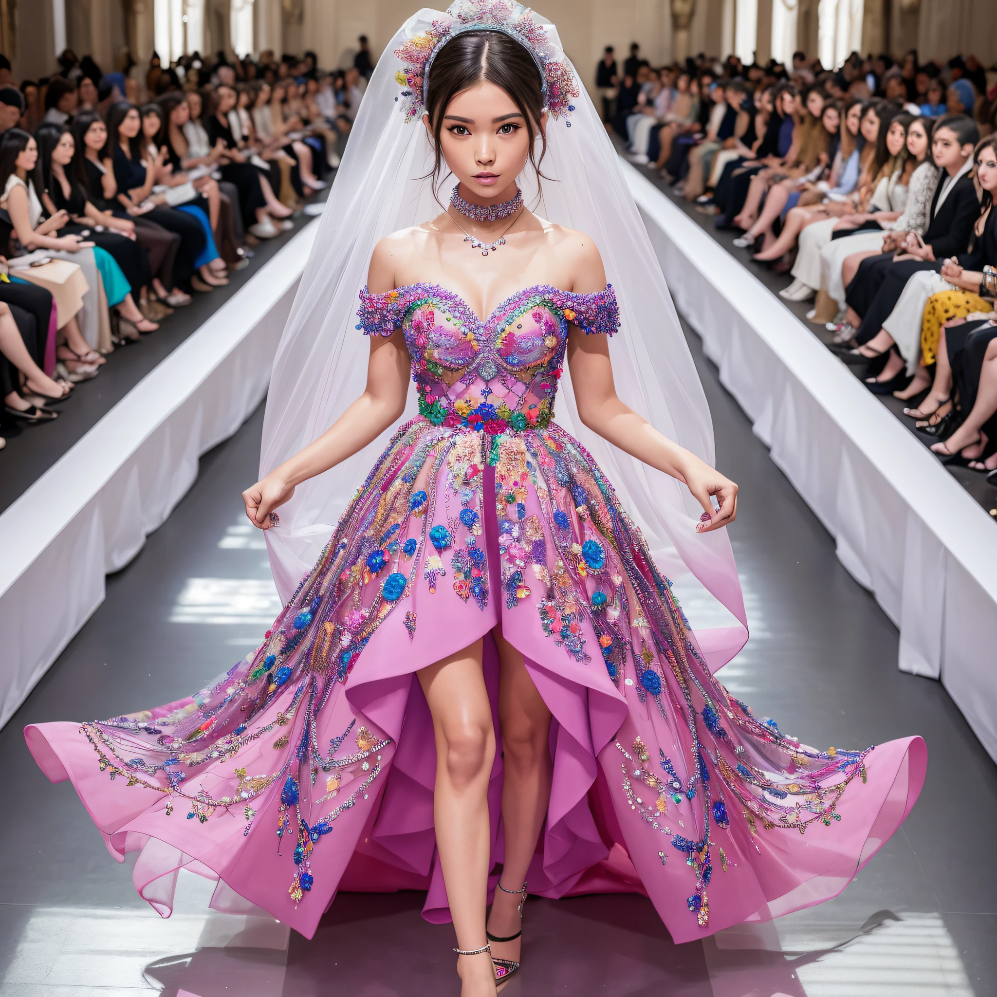 Fashion show, full of people sit watching it, beautiful model walking with a dress made of small transparent balloons toward the front camera, 8k, face detailed, hyper detailed, hyper realistic photograph, wide view --auto --s2