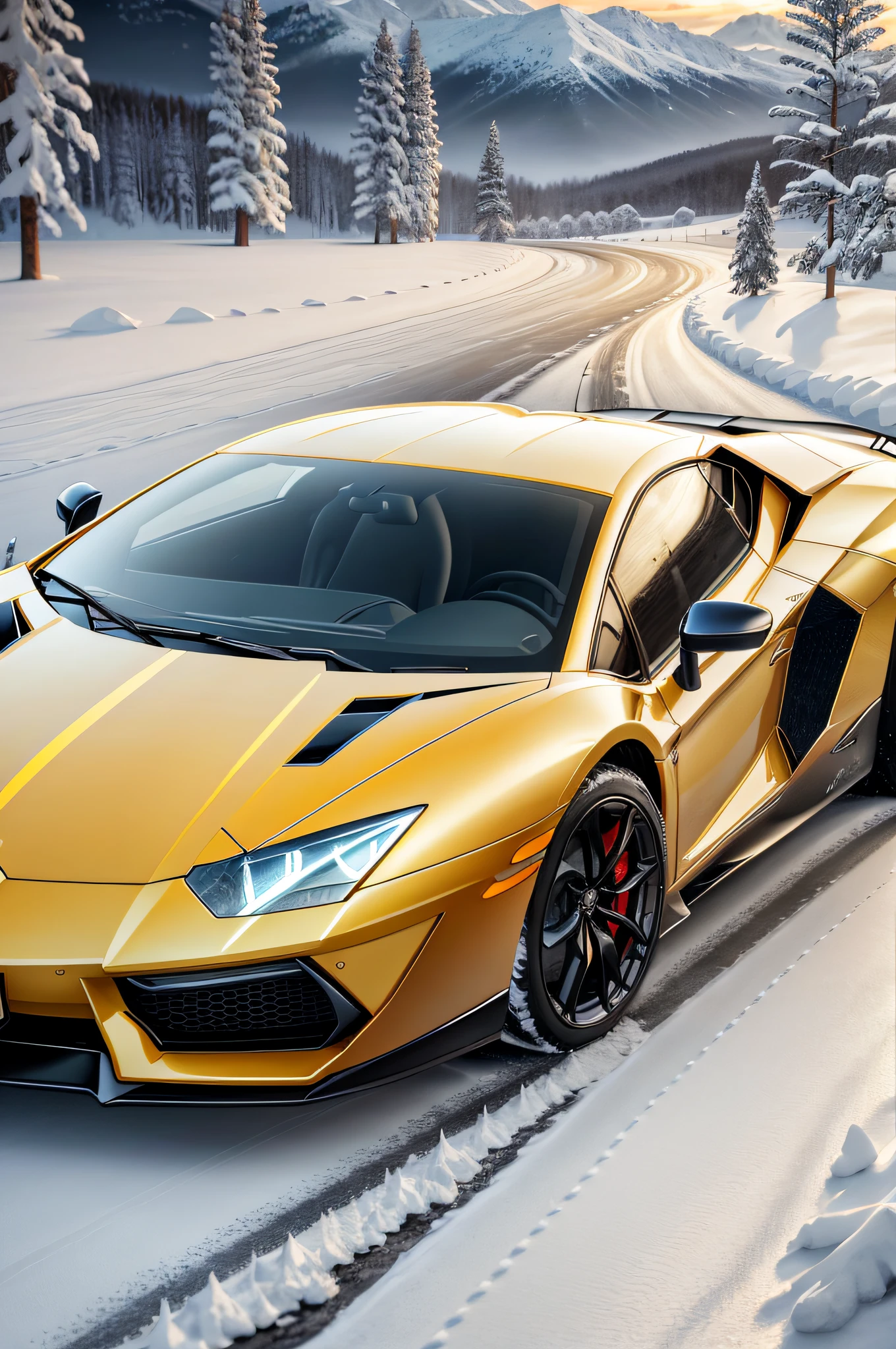 yellow lamburguini aventador sports car, running on an icy slope, with a landscape of trees covered by snow, with reflection on the car window, background of the landscape with icy mountains and snowflakes in the air, ultra realistic image, detailed image, 12k image, ultra resolution, vivid colors, real image, 3d rendering, ray tracing, cinematic lighting, Realism, Expressionism, UHD, 8k, 16k, super detail, high details, high quality