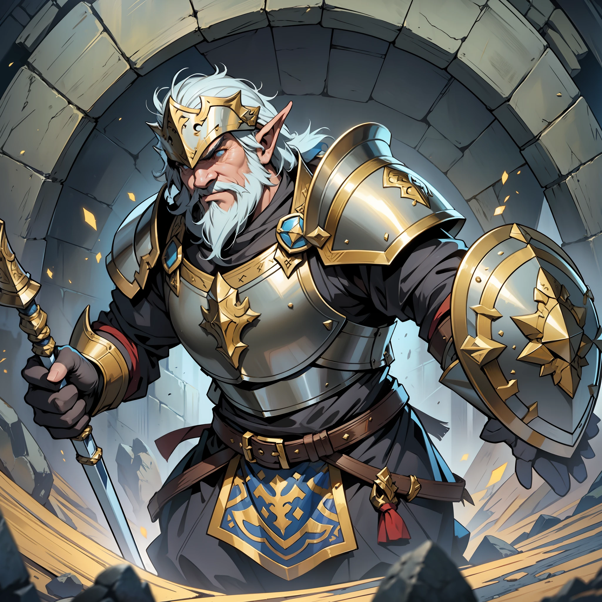 Masterpiece, dwarf paladin of Clangeddon, good anatomy, wearing plate armor, wearing adventuring equipment, holding a shield and quarterstaff, crazed expression, well detailed, arrogant posture, glowing gold
