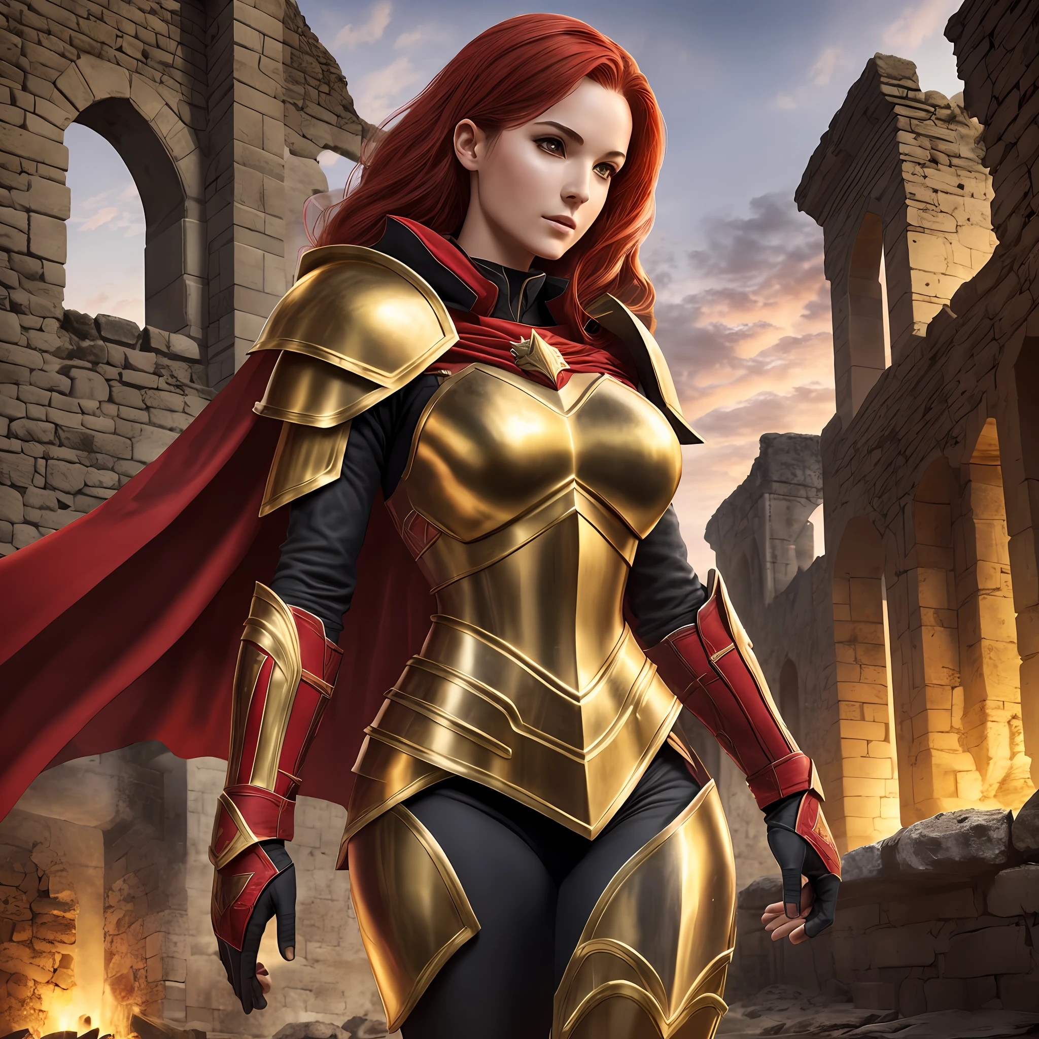 Mid torso, Night, facing camera, medieval war ruins, wine, Realistic beautiful armored woman, straight light red hair, almond eyes, detailed soldier black armor with golden details, flowing red cape, 12k, HD, realistic skin, tights --auto --s2