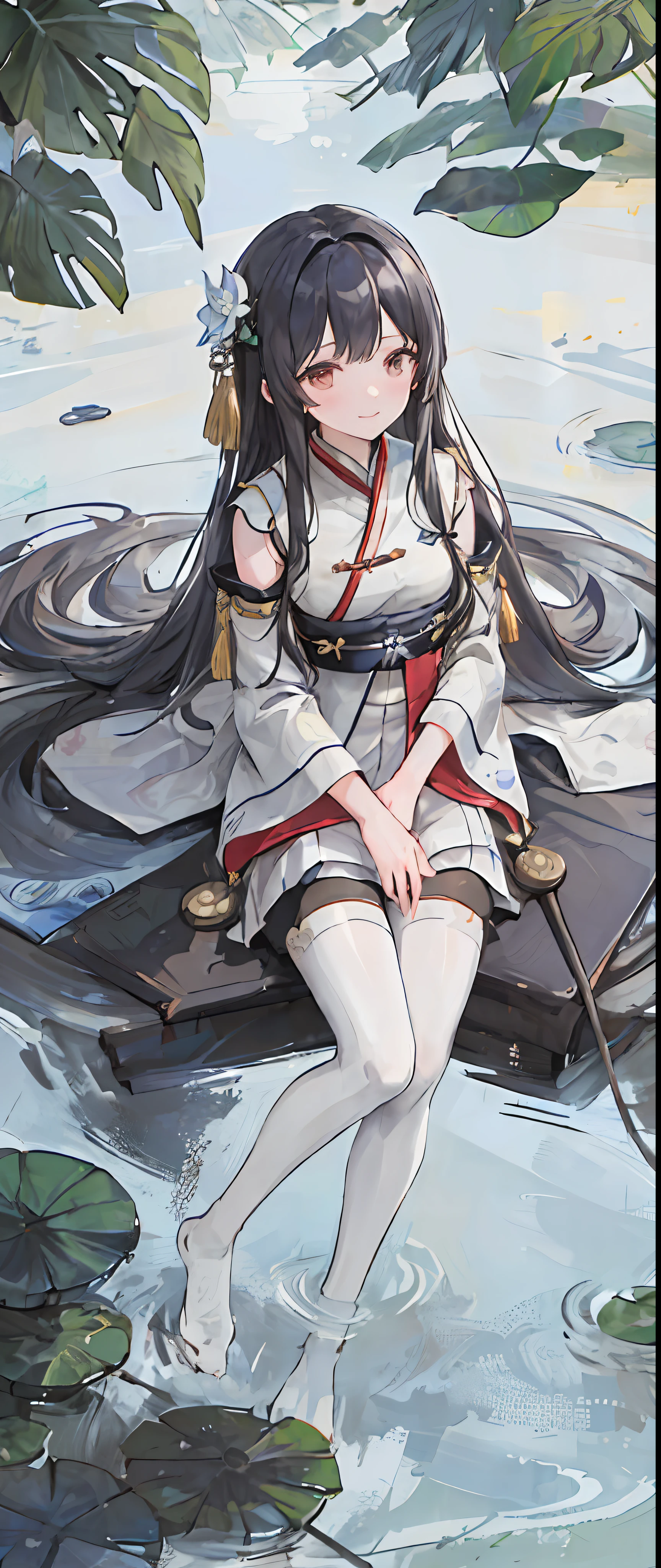 ((4k,masterpiece,best quality)), shuimobysim, traditional Chinese painting, lotus flowers, Hanfu, maxiskit, Dress conservatively 1girl, solo, blue long hair, smiled, standding, Feet in the water, white pantyhose,