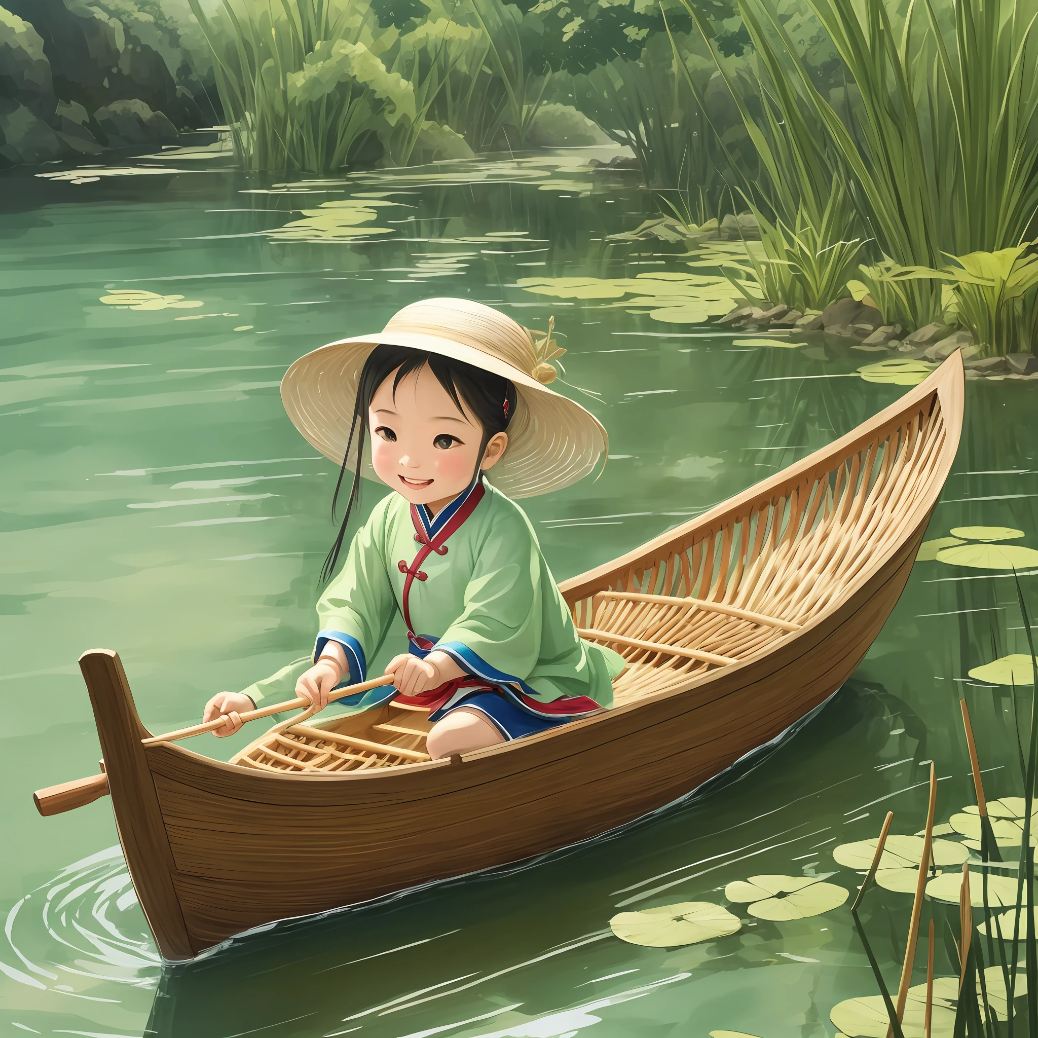 Dragon Boat Festival，A super happy cute little ancient Chinese girl, paddling a boat, a cute dragon behind her, reeds, bright light, pale green and pale yellow tones, surrealism, Ink and wash style, Qi Baishi, clear outline light, edge light, fantasy, Dappled light, flat illustration, Disney style, 8k, --ar 3:4 --niji 5 --auto --s2