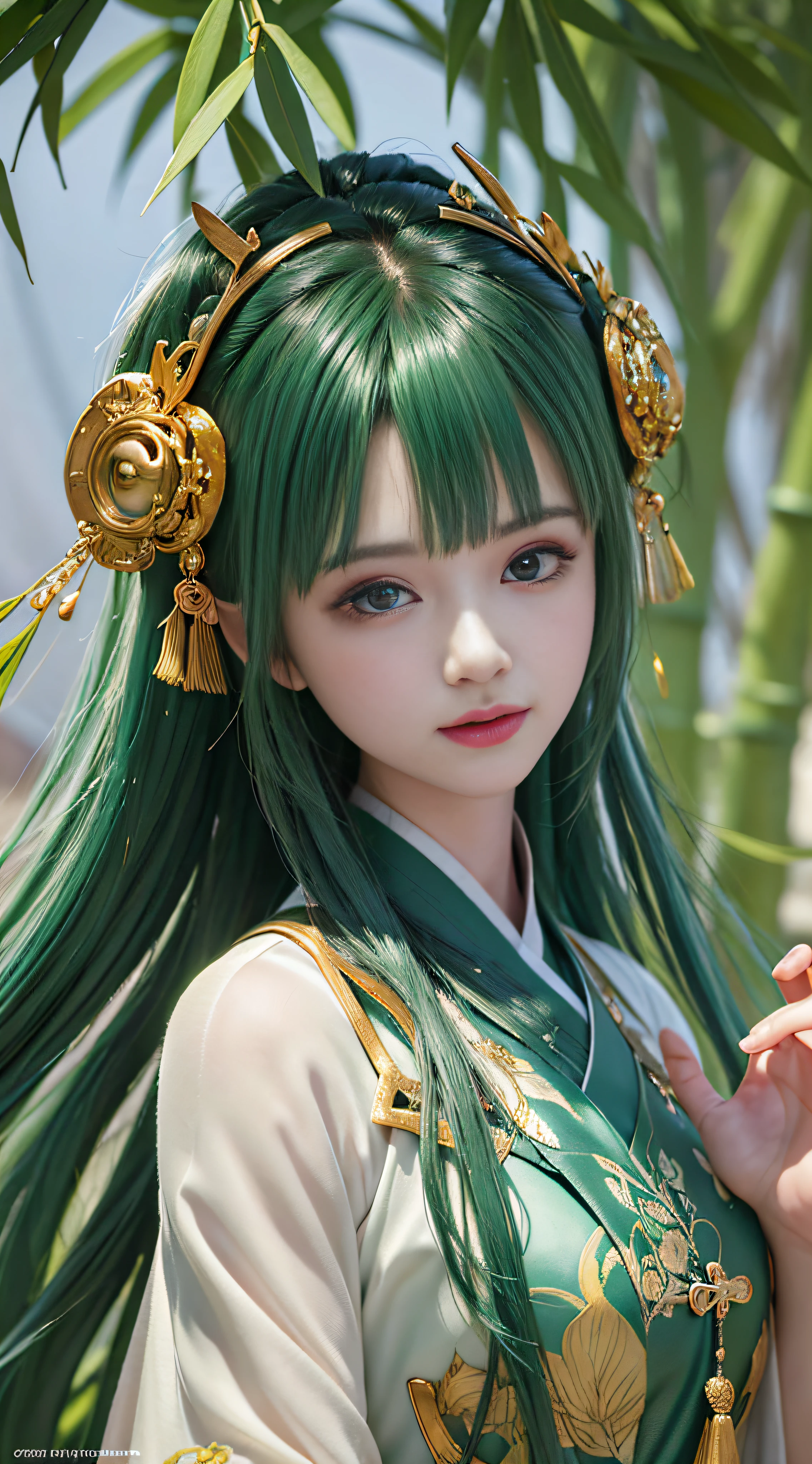 Best quality, masterpiece, illustration, a very disciple and beautiful, very detailed, CG, unity, 8k wallpaper, amazing, fine detail, mastery, best quality, official art, very detailed CG Unity 8k wallpaper, ridiculous, incredibly ridiculous, huge file size, super detailed, high resolution, rawe very detailed, pretty detailed girl, very detailed eyes and face, beautiful detailed eyes, light on face, 1 girl, Chinese Tang dynasty clothes, Right hand with a string of rice dumplings, green bamboo fallen leaves in the background, blurred bamboo leaves, dynamic blurred bamboo leaves, half body, revealing an arm