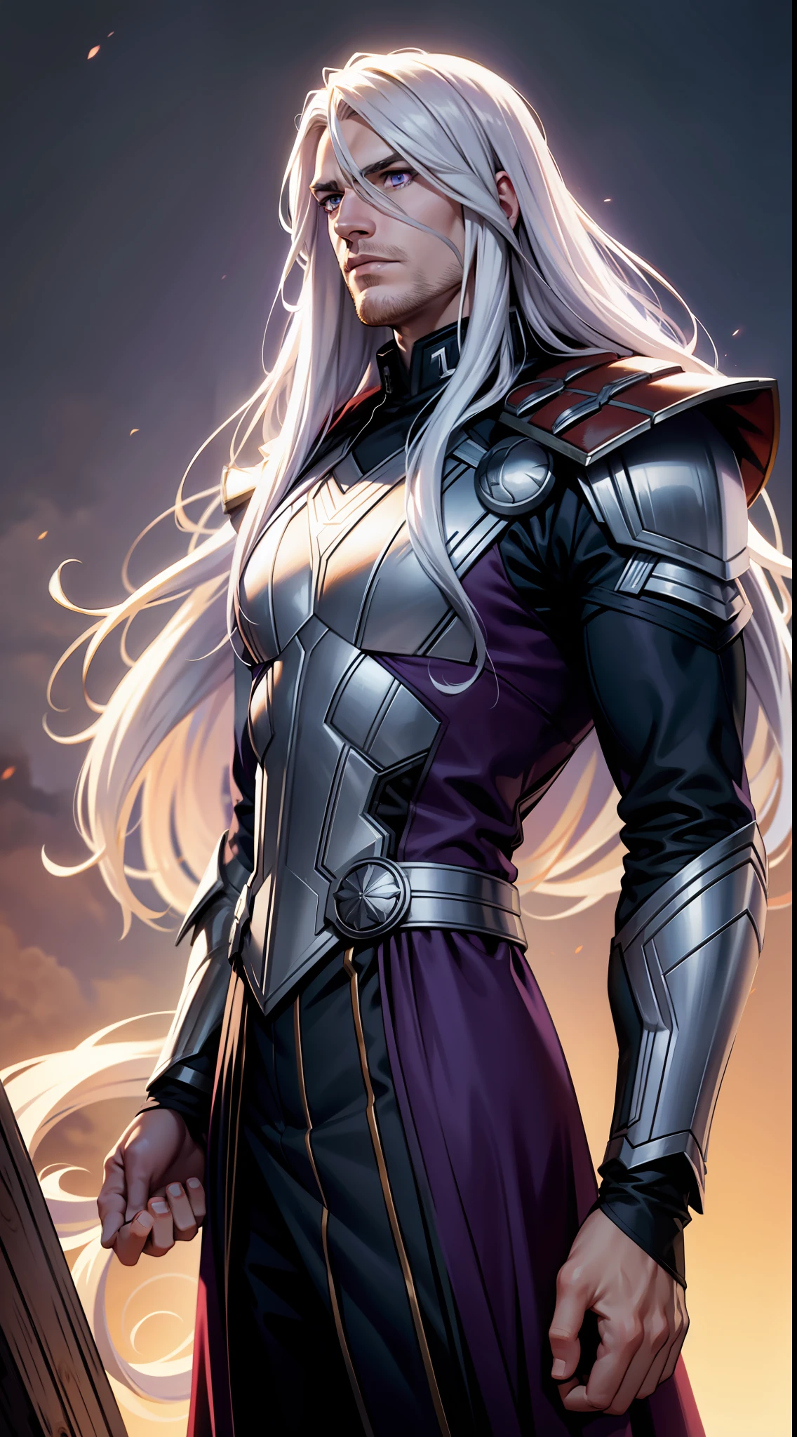 Tall guy, long white hair, purple eyes, Thor uniform, Mjolner, masterpiece, high quality