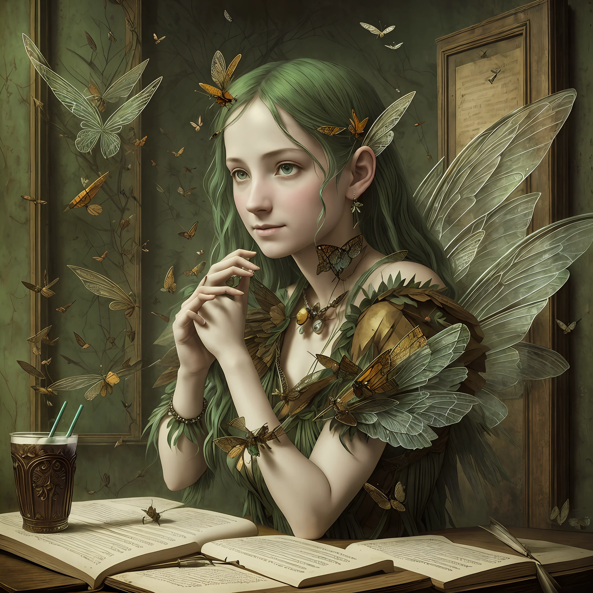 Sad faerie with many broken wings on her back, sitting on a table in front of some drinks, in the style of rustic renaissance realism, green academia, deconstructive, andrew ferez, use of paper, made of insects, photo-realistic hyperbole --auto --s2
