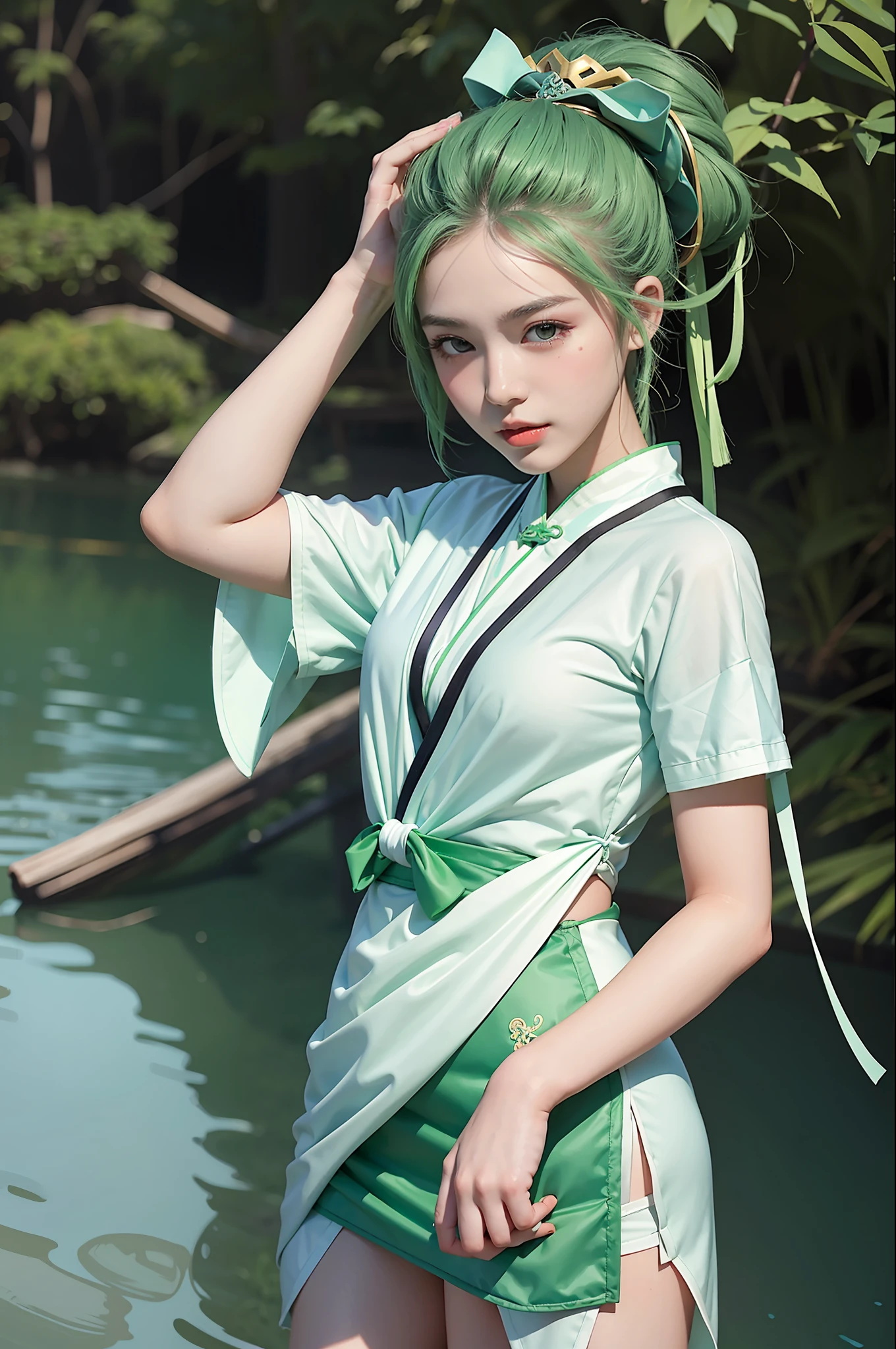Best picture quality, masterpiece level, super high resolution, Dragon Boat Festival theme, 1 girl, zongzi anthropomorphic, zongzi decoration, refreshing background, green hair beautiful girl, white skin.
