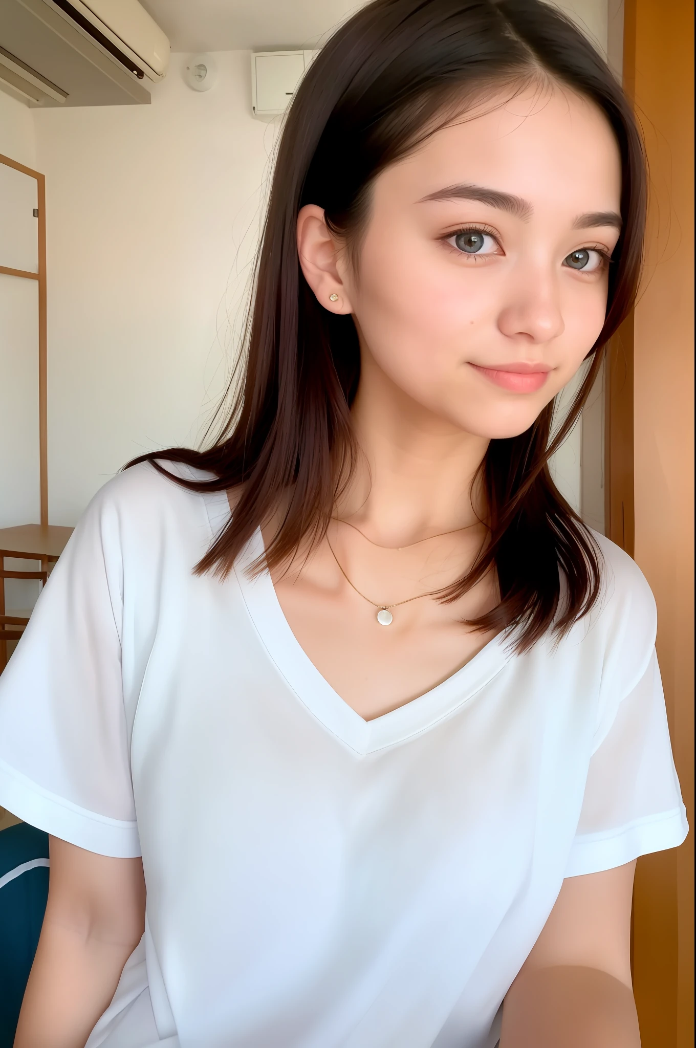 Cute beautiful ponytail Japan woman in open chest T-shirt, drinking coffee in a seaside café, very detailed, 21 years old, innocent face, natural wave hair, blue eyes, high resolution, masterpiece, top quality, intricate details, very detailed, sharp focus, detail skin, realistic skin texture, texture, detailed eyes, professional, 4K, charming smile, Eyes are large, small mole on mouth, necklace on neck, beautiful collarbone, shot in Canon, 85mm, shallow depth of field, Kodak vision color, perfectly fitting body, very detailed, photot_\(ultra\), photorealistic, realistic, postworking, maximum detail, roughness, real life, hyperrealistic, photorealism, photography, 8k uhd, photography
