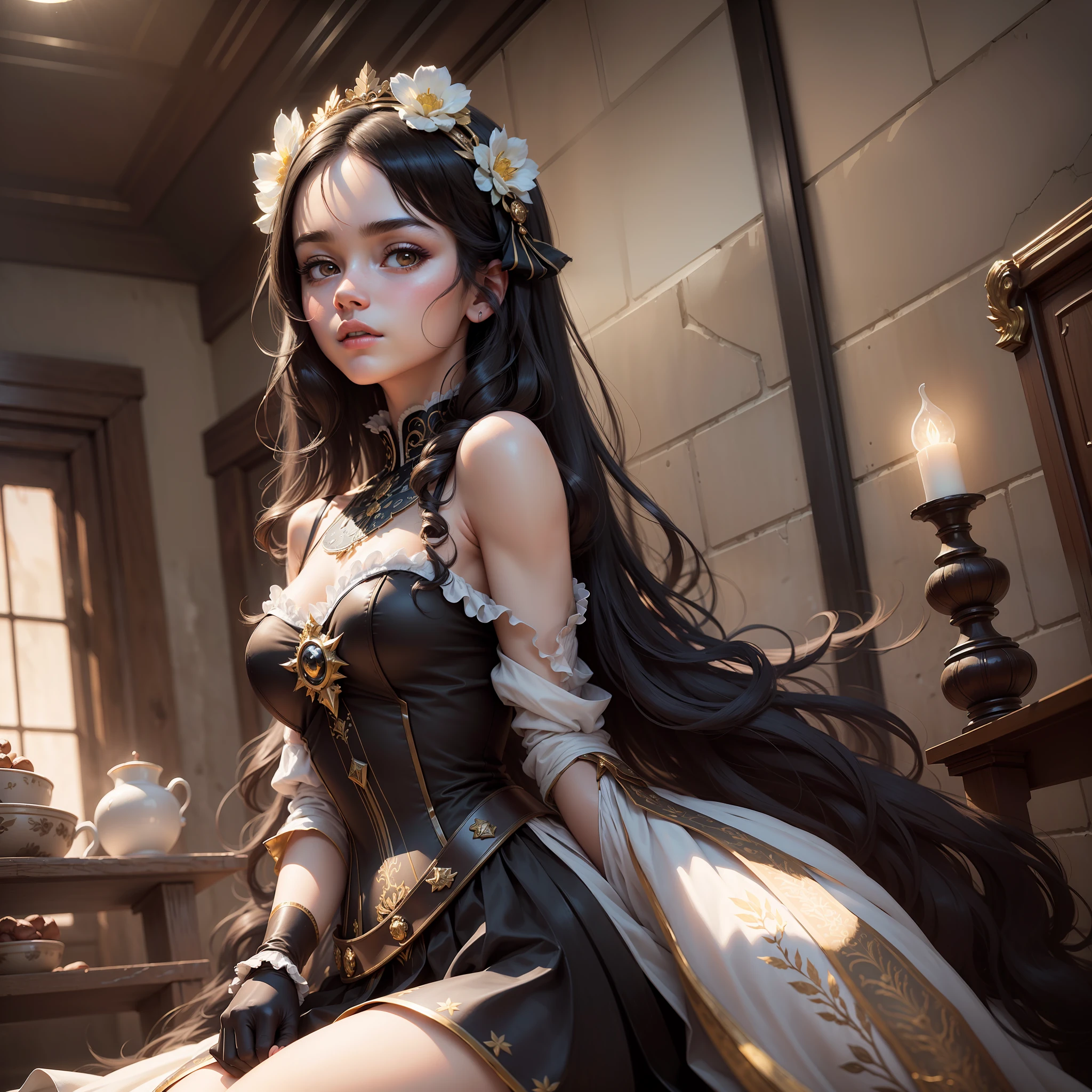 (((masterpiece))), best quality, ultra detailed, 8k, spectacular lighting, most beautiful girl, doll dress, ultra detailed white skin, pose dynamics, black hair:1.1+dark brown:1.2, sitting on a man's legs:1.3, dark indoor environment, warm atmosphere, golden light touches. --auto --s2