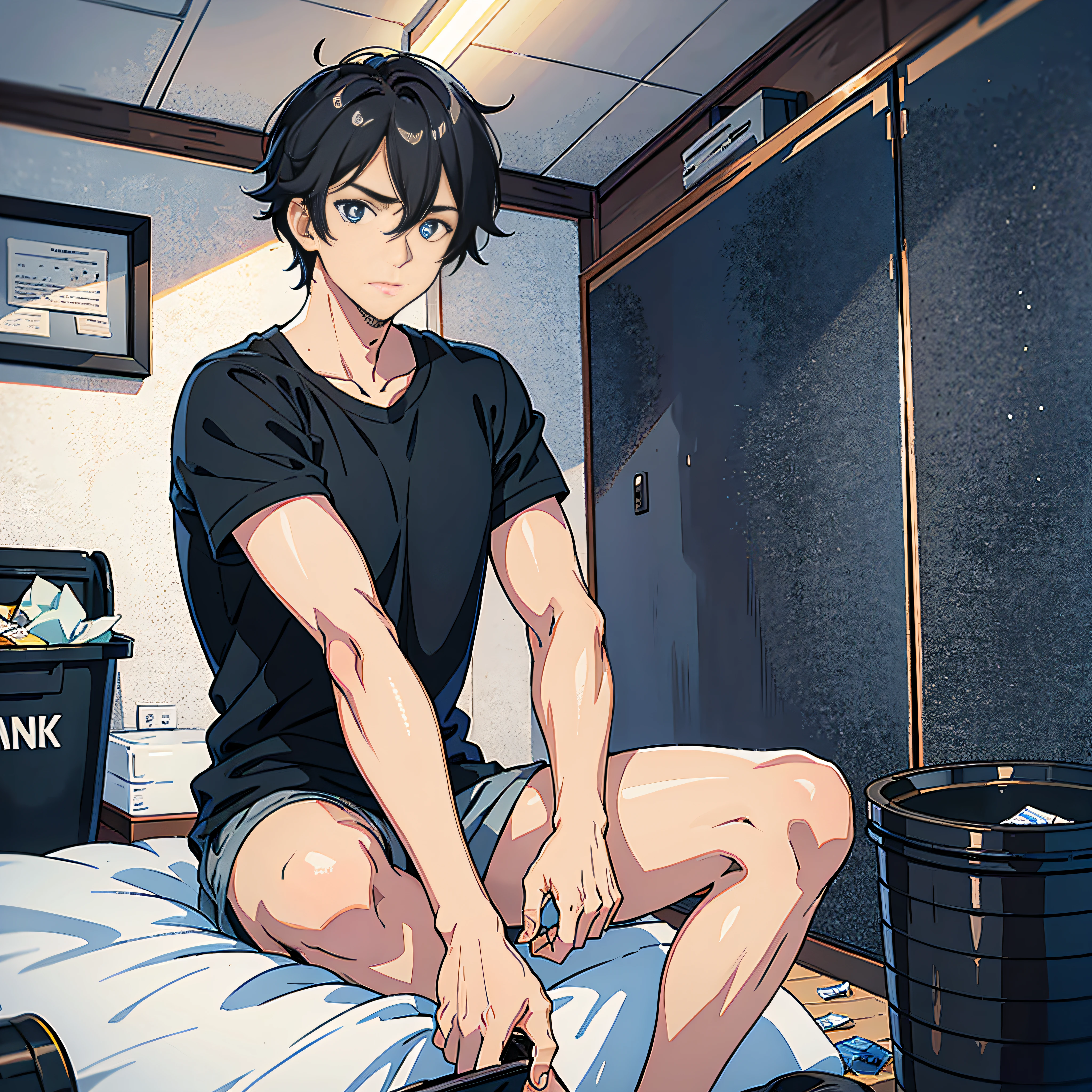 1 man: 1.3, black hair, blue pupils, handsome, black shirt, sitting on bed, trash can, room, black ash