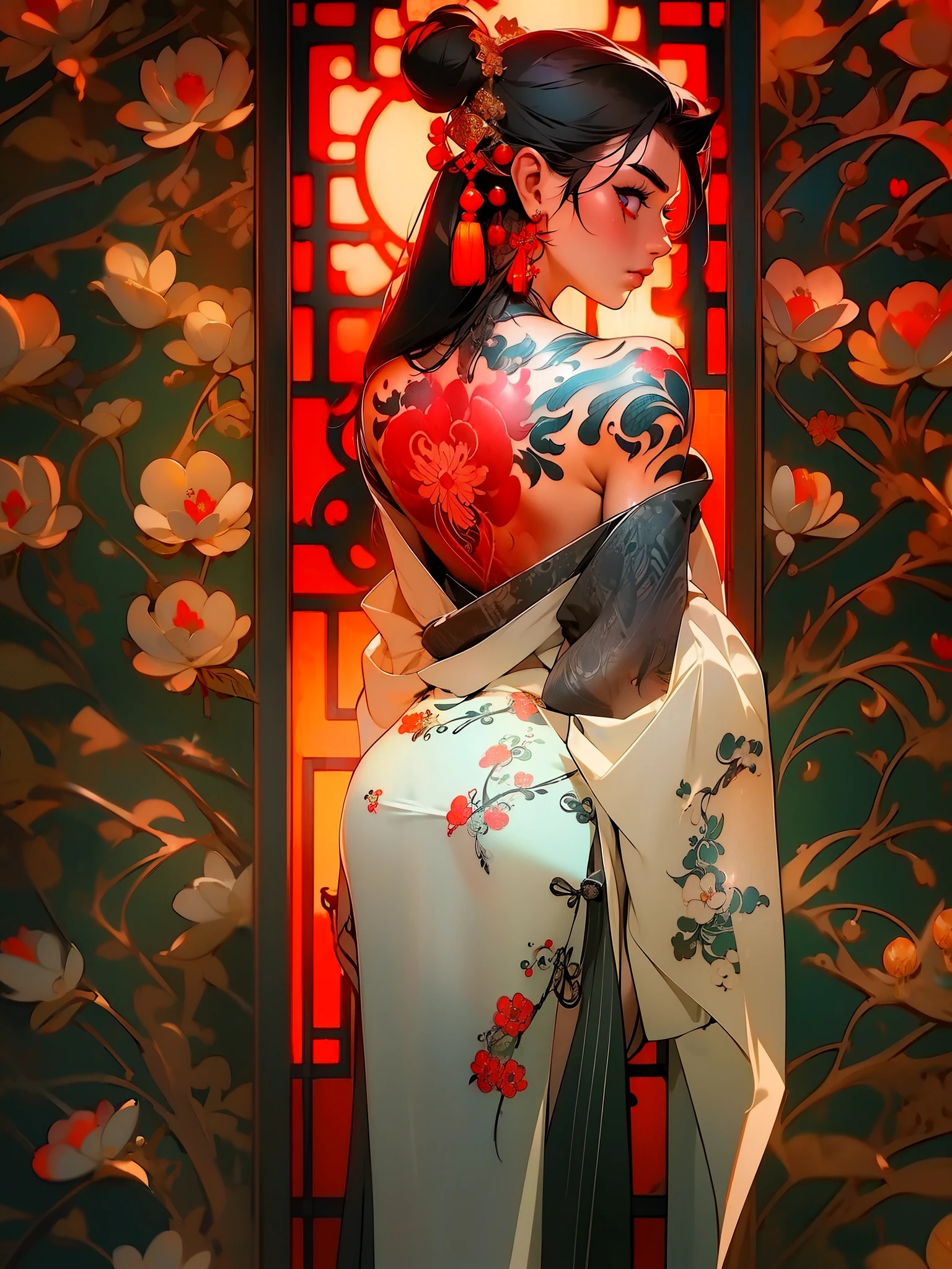 (masterpiece best quality:1.4),1girl, (tattoo of chinese text:1.5), solo, back tattoo, hair flowers, long hair, blue eyes, looking at viewer,back tattoo,tattoo,looking back, from behind, black hair, tassel, bare shoulders, hanfu, chinese clothes,back, bangs, upper body, earrings, indoors, nape, off shoulder, jewelry, eyelashes, lips, back focus, profile, hair bun, sliding doors, piercing, single hair bun,