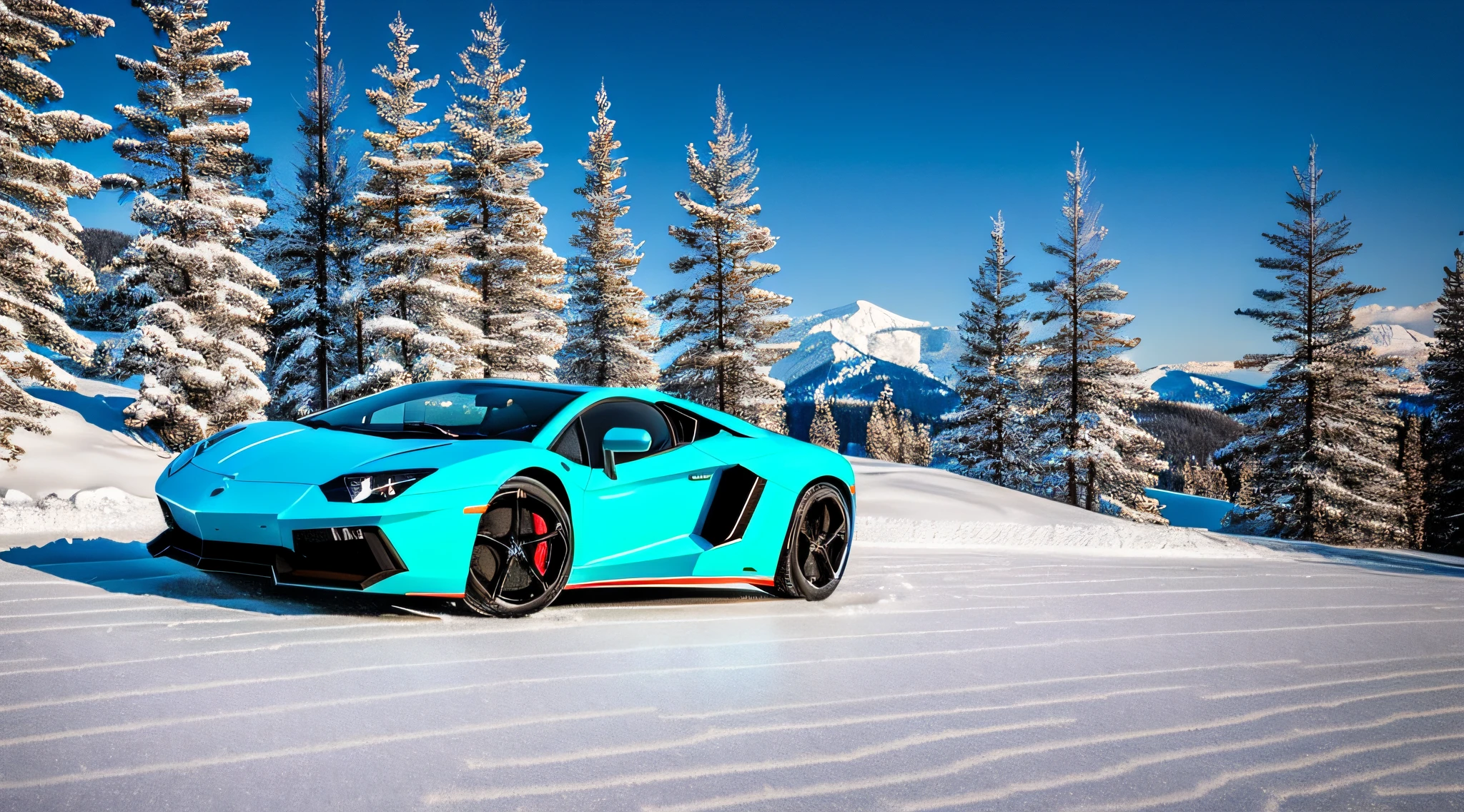 Lamburguini Aventador sports car, running on an icy hillside, with a landscape of snow-covered trees, with reflection in the car window, landscape background with icy mountains and snowflakes in the air, ultra realistic image, detailed image, 12k image, ultra resolution, vivid colors, real image, 3d rendering, ray tracing, cinematic lighting, Realism, Expressionism,  UHD, 8k, 16k, super detail, high details, high quality