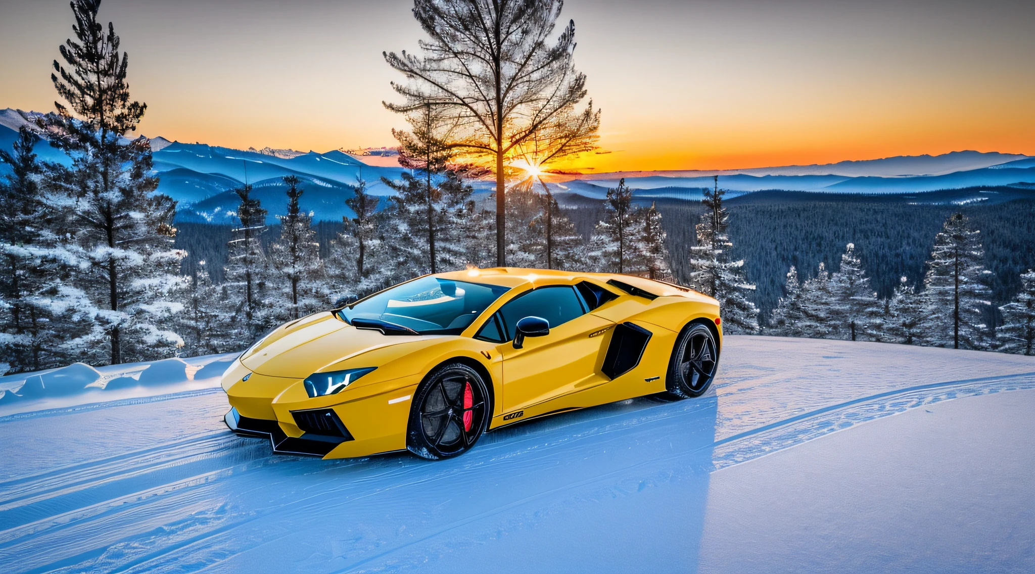Lamburguini Aventador sports car, running on an icy hillside, with a landscape of snow-covered trees, with reflection in the car window, landscape background with icy mountains and snowflakes in the air, ultra realistic image, detailed image, 12k image, ultra resolution, vivid colors, real image, 3d rendering, ray tracing, cinematic lighting, Realism, Expressionism, UHD, 8k, 16k, super detail, high details, high quality