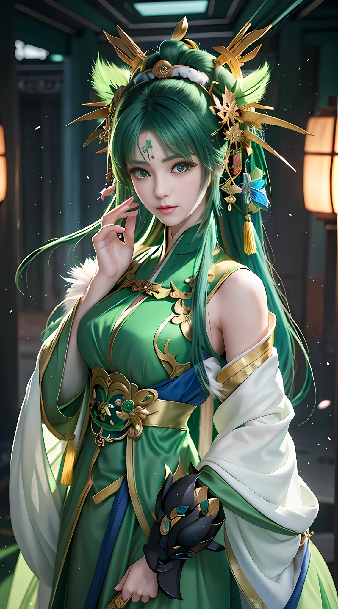 anime girl in green dress with green eyes and green hair, palace ， a girl in hanfu, artwork in the style of guweiz, guweiz, beautiful character painting, by Yang J, beautiful digital artwork, chinese style, inspired by Ai Xuan, inspired by Feng Zhu, by Li Fangying, trending on cgstation, by Ye Xin