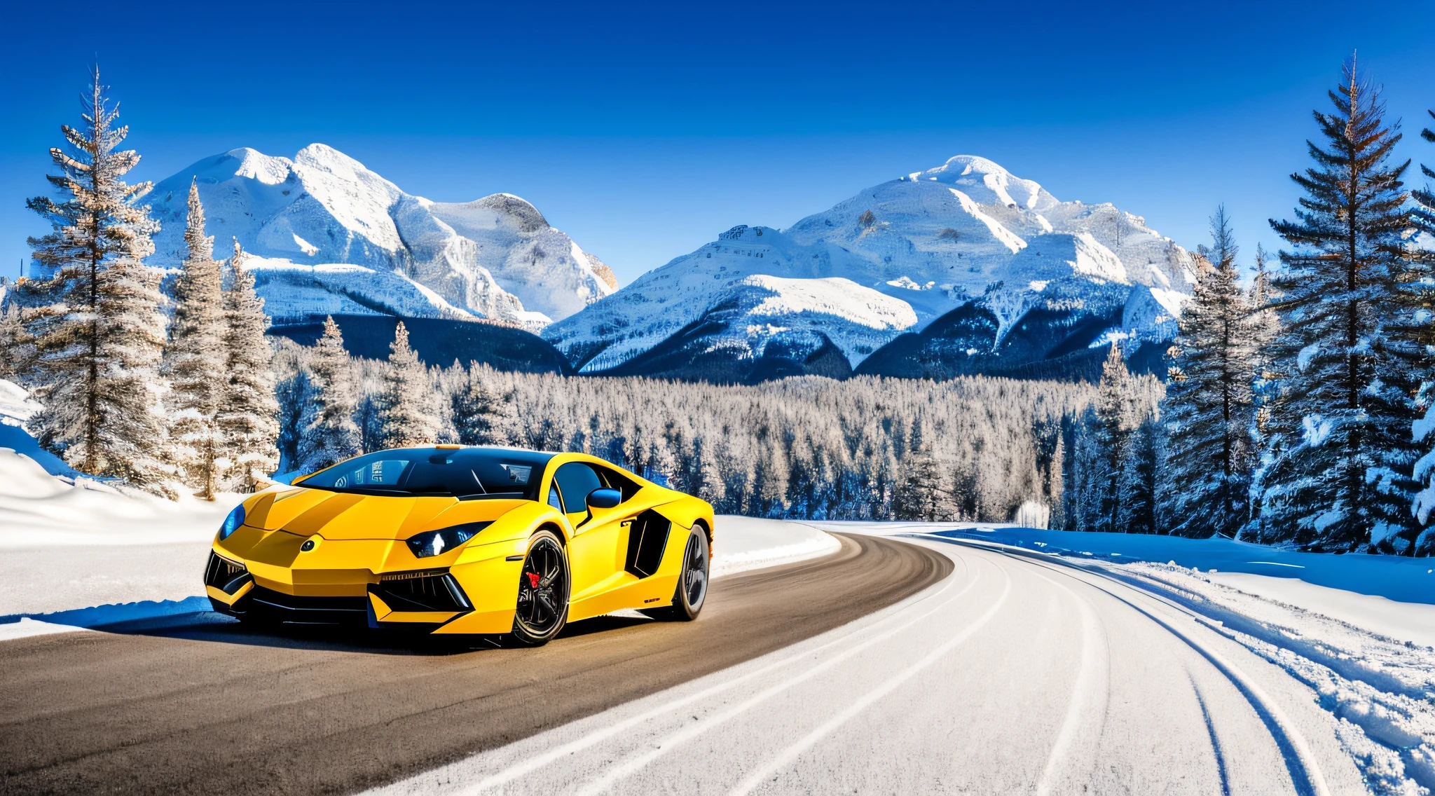 Lamburguini Aventador sports car, running on an icy hillside, with a landscape of snow-covered trees, with reflection in the car window, landscape background with icy mountains and snowflakes in the air, ultra realistic image, detailed image, 12k image, ultra resolution, vivid colors, real image, 3d rendering, ray tracing, cinematic lighting, Realism, Expressionism, UHD, 8k, 16k, super detail, high details, high quality