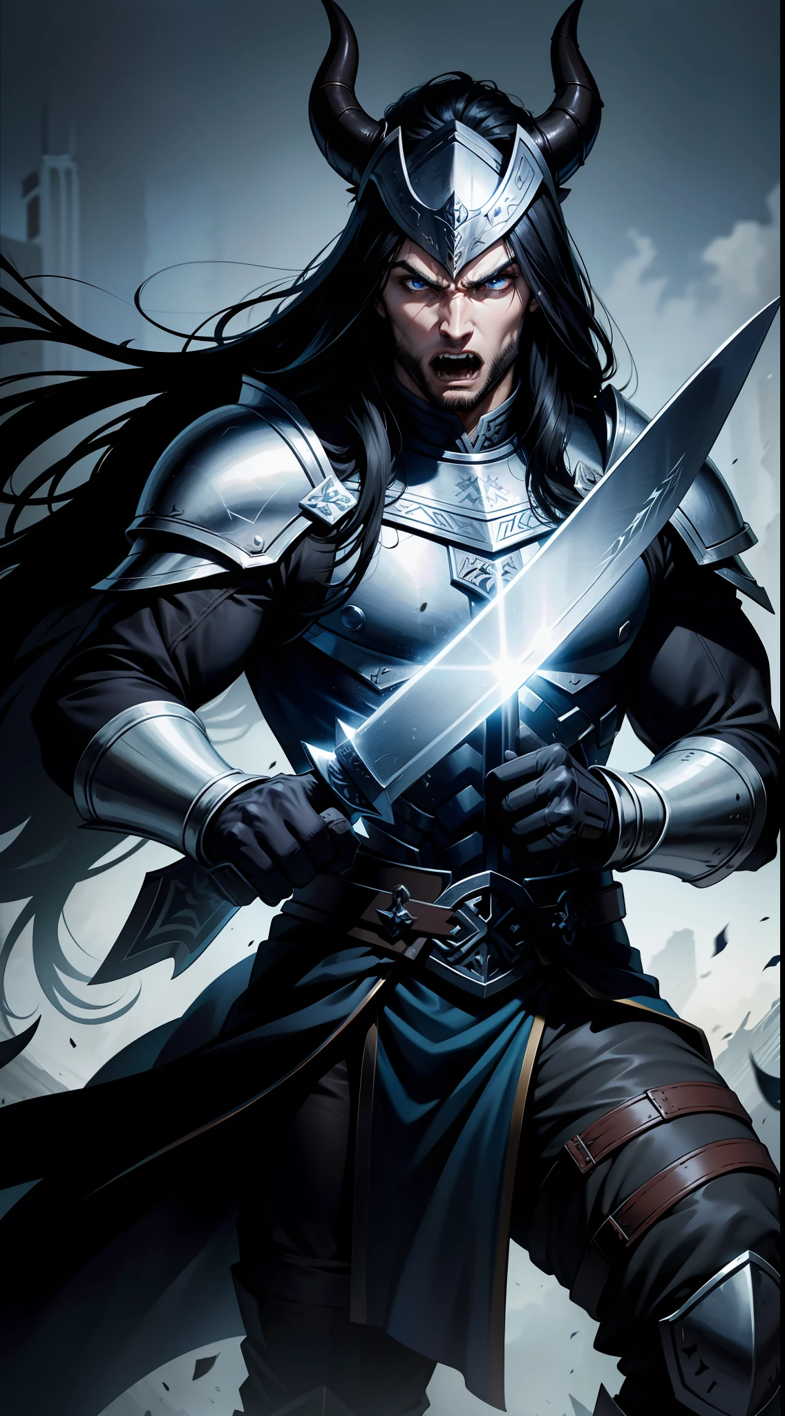 Tall guy, long black hair, blue eyes, berserker clothes, horned helmet, huge sword, fierce scream, masterpiece, high quality