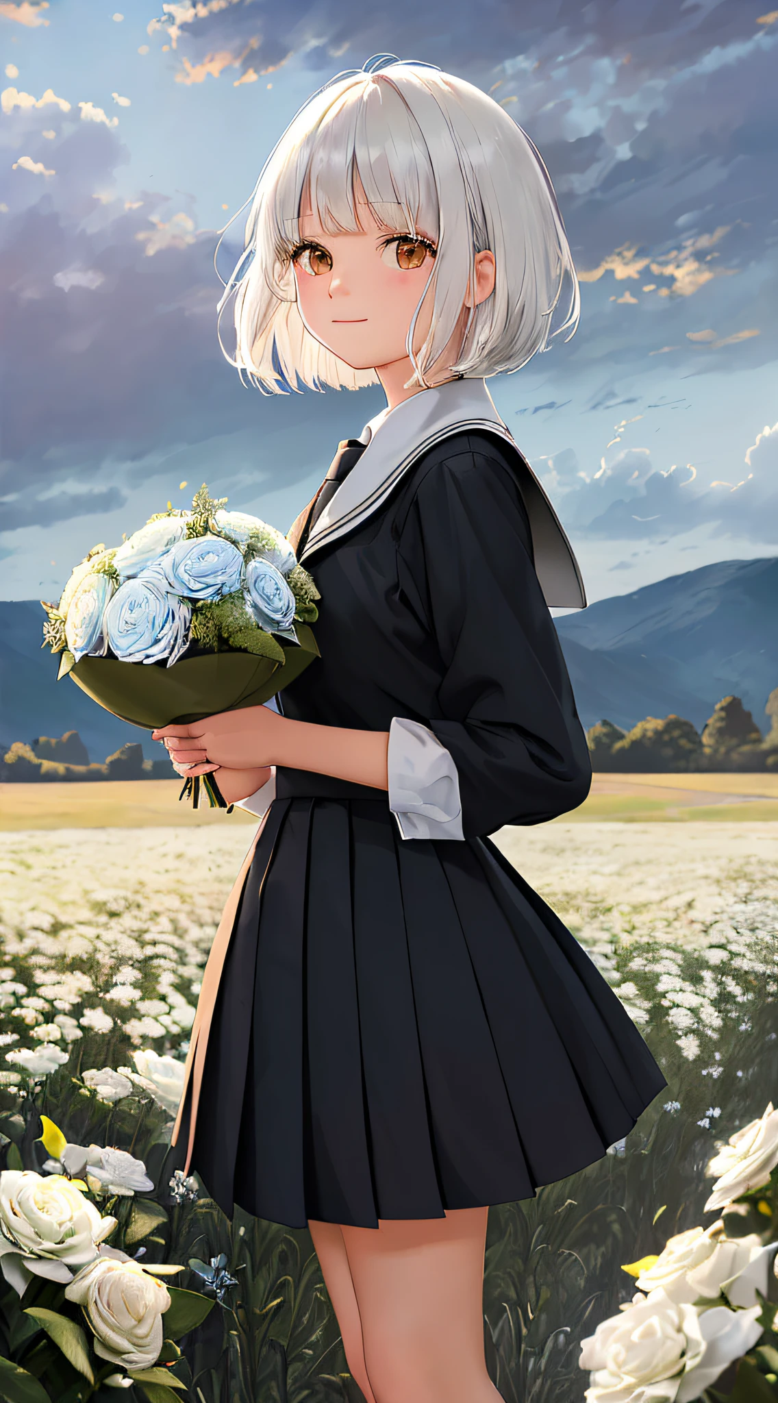 ((masterpiece,best quality,ultra detailed)),(painterly),(facing viewer),((dusk)),Depth of Field,pov,tussock,overgrown,cloud sky,(dark sky),((backlighting)),(wind),1girl,looking at viewer,full body,(holding bouquet),(school uniform),(white hair),(black eyes),(medium hair),(bowl cut),light smile,HDR,high contrast