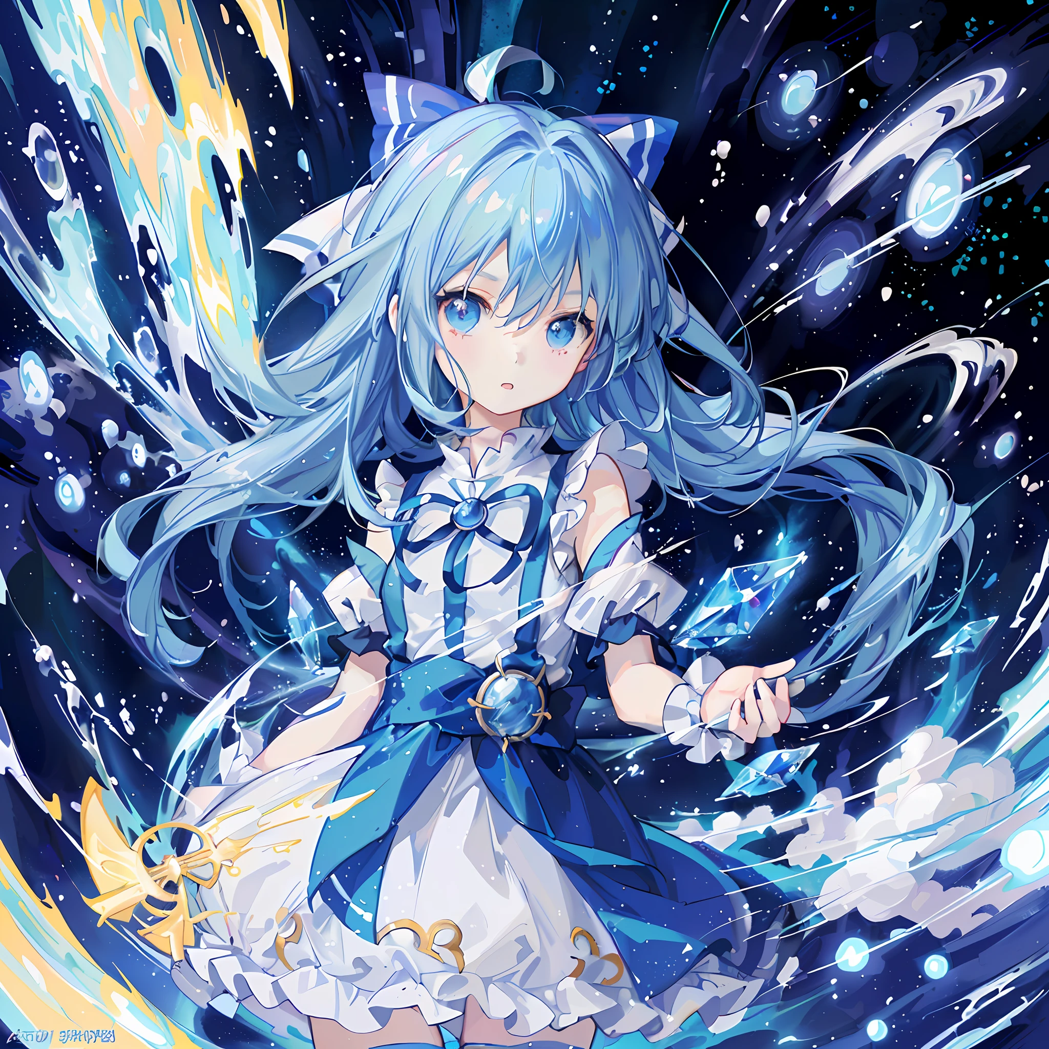 anime girl with blue hair and white dress in a blue and white space, an anime portrait of cirno, cirno, splash art anime loli, anime moe artstyle, official anime artwork, official artwork, rimuru tempest, cirno touhou, high detailed official artwork, detailed key anime art, anime girl with cosmic hair, blue aura