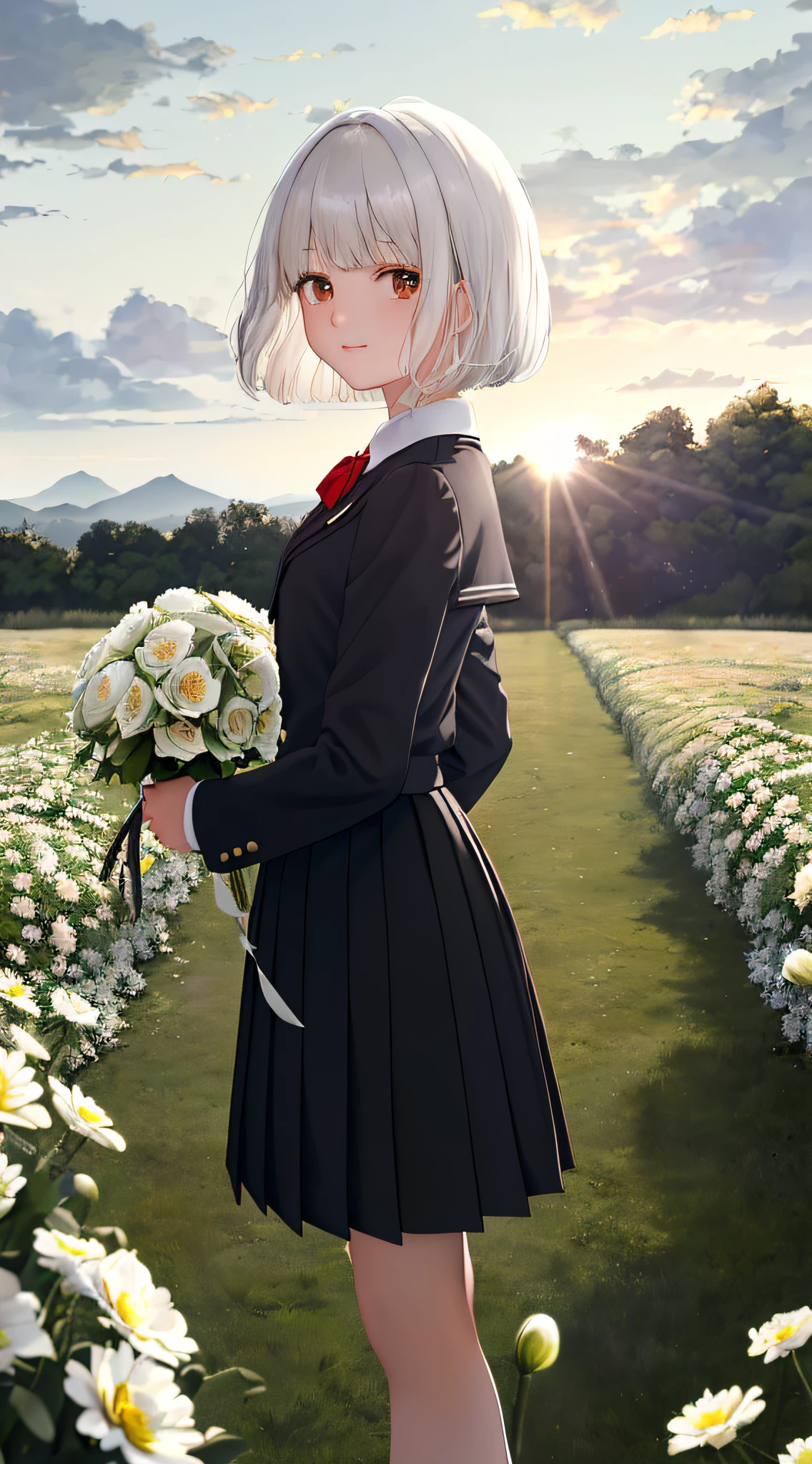 ((masterpiece,best quality,ultra detailed)),(painterly),(facing viewer),((dusk)),Depth of Field,pov,tussock,overgrown,cloud sky,(dark sky),((backlighting)),(wind),1girl,looking at viewer,full body,(holding bouquet),(school uniform),(white hair),(black eyes),(medium hair),(bowl cut),light smile,HDR,high contrast