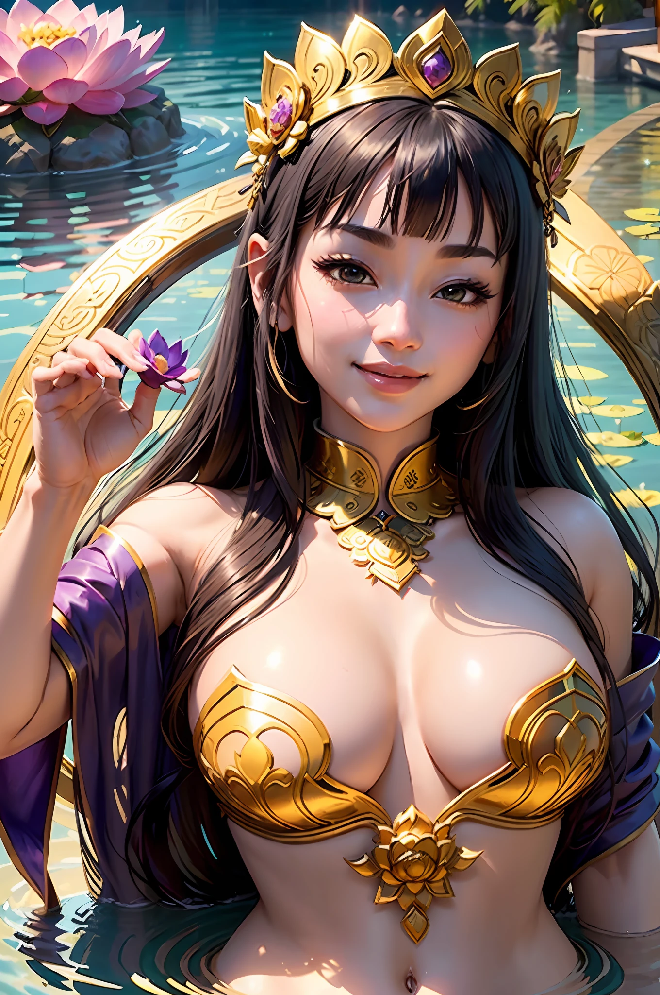 Masterpiece), top quality, super detailed, floating, dynamic elegant pose, (1 girl), beautiful face, soft glowing divine aura, erotic exhibitionism, lewd smile, little kinky doll, traditional Chinese clothing, (purple clothing: 1.2 + gold decoration: 1.1 + black hair ornament), (tranquility and paradise environment: 1.2 + temple: 1.1), sacred phallic objects in the hands, (deep and serene gaze: 1.1+ tactful smile), (lotus petals: 1.1+ ripples on the water), (shine: 1.2+ Glitter: 1.1), (Goddess of Oriental Sex), (Big Dick: 1.5) --auto --s2